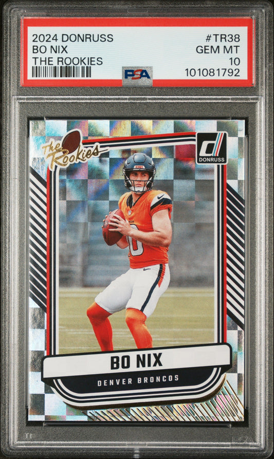 Graded 2024 Panini Donruss Bo Nix #TR38 The Rookies Rookie RC Football Card PSA 10 Gem Mint