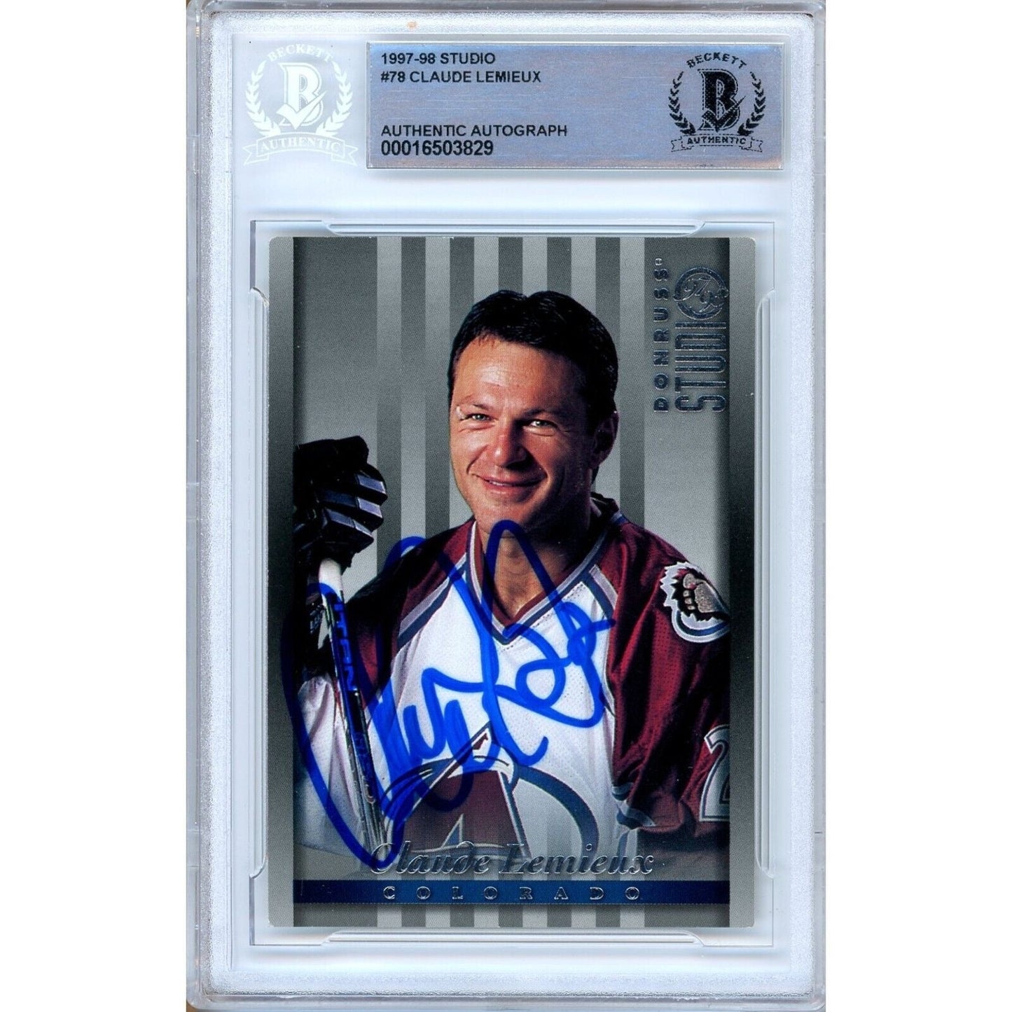 1997-98 Donruss Studio #78 — Claude Lemieux Colorado Avalanche Autographed Trading Card — Beckett Authentication