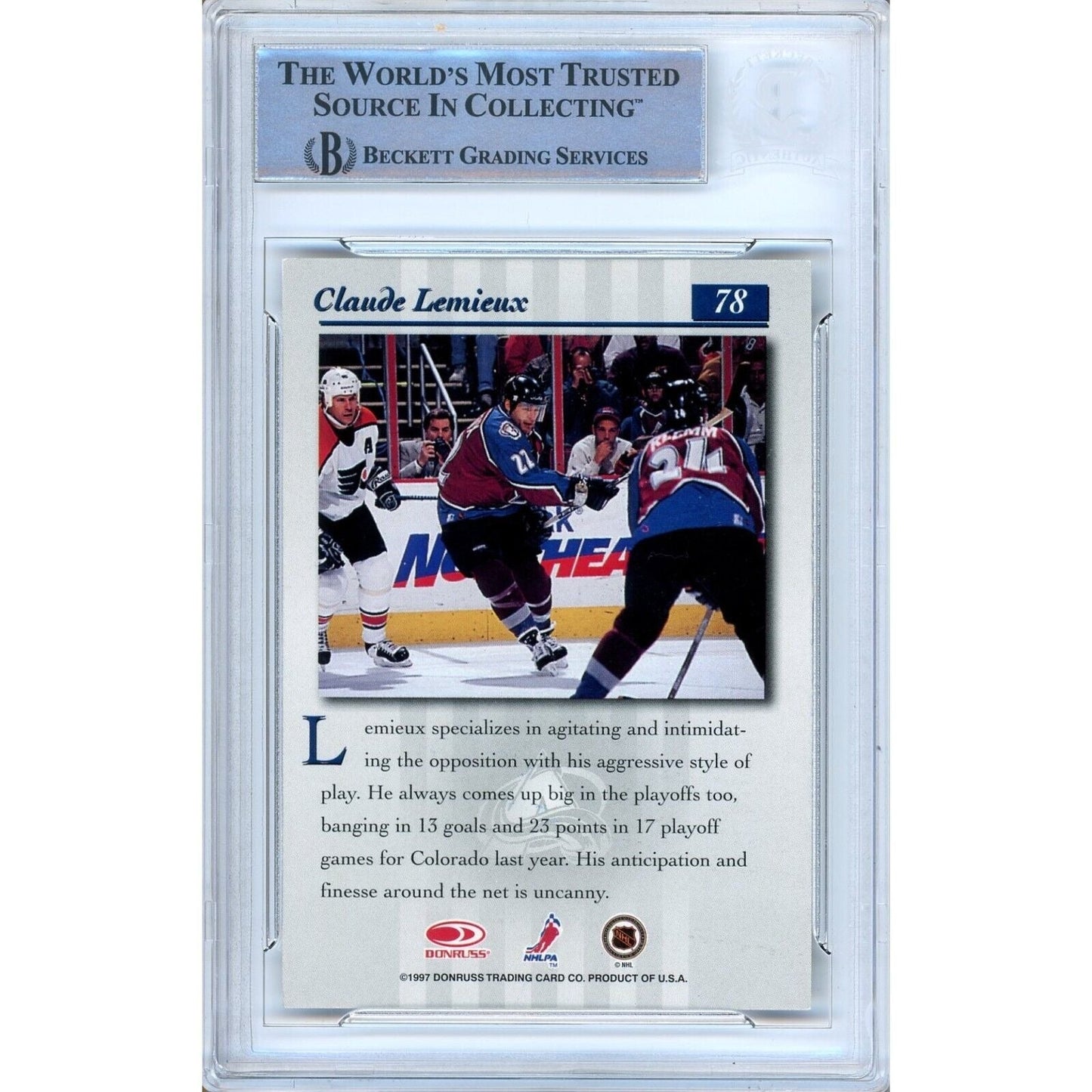 1997-98 Donruss Studio #78 — Claude Lemieux Colorado Avalanche Autographed Trading Card — Beckett Authentication