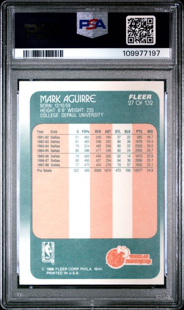 Graded 1988 Fleer Mark Aguirre #27 Basketball Card PSA 8 NM-MT - Sport Cards