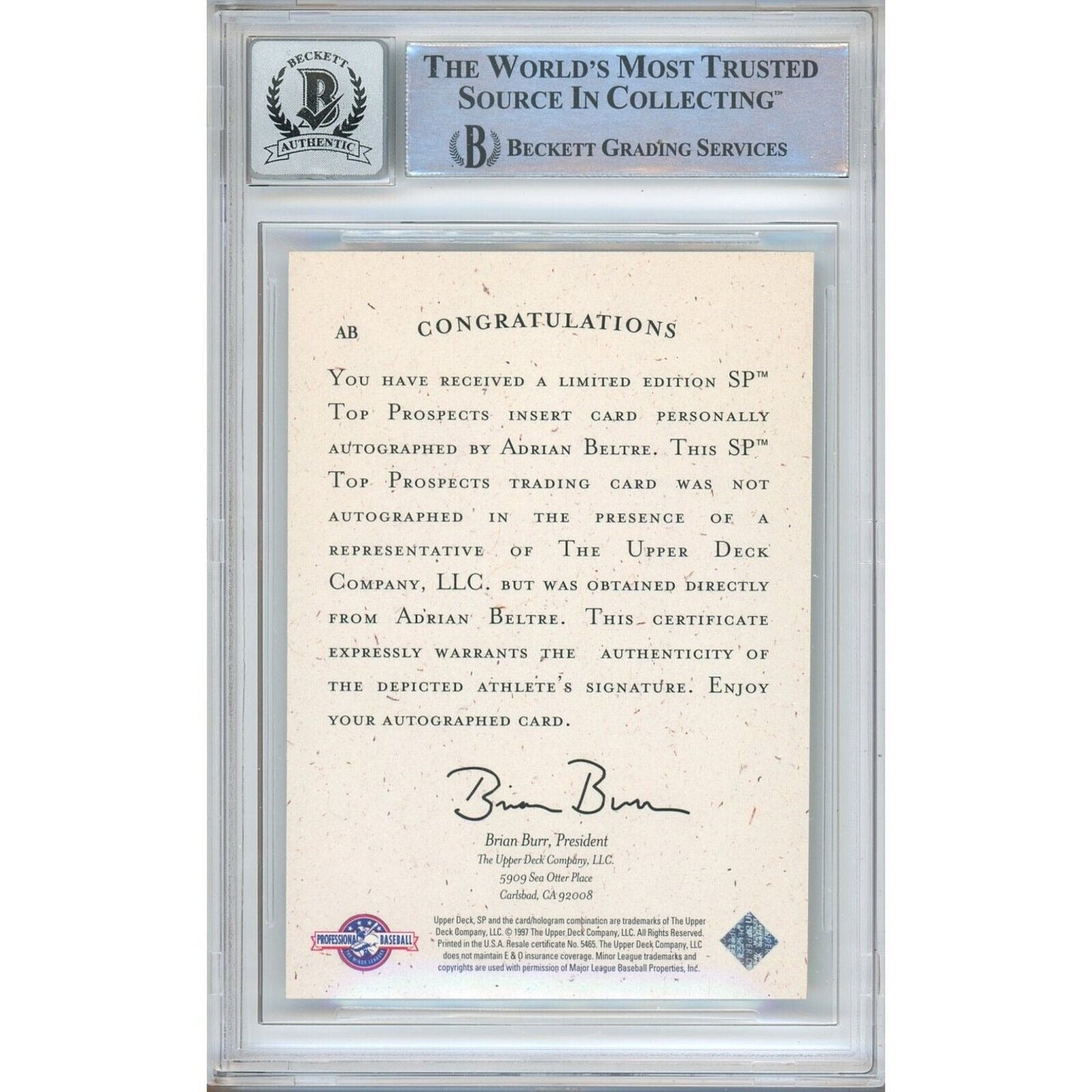 1998 SP Top Prospects Autographs #AB — Adrian Beltre Los Angeles Dodgers Signed Trading Card — Beckett Authentication