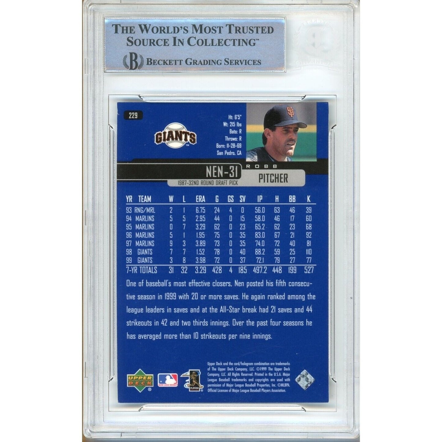 Robb Nen San Francisco Giants Signed 2000 Upper Deck Card Beckett Authentic Auto Slab