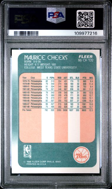 Graded 1988 Fleer Maurice Cheeks #86 Basketball Card PSA 7 Near Mint - Sport Cards
