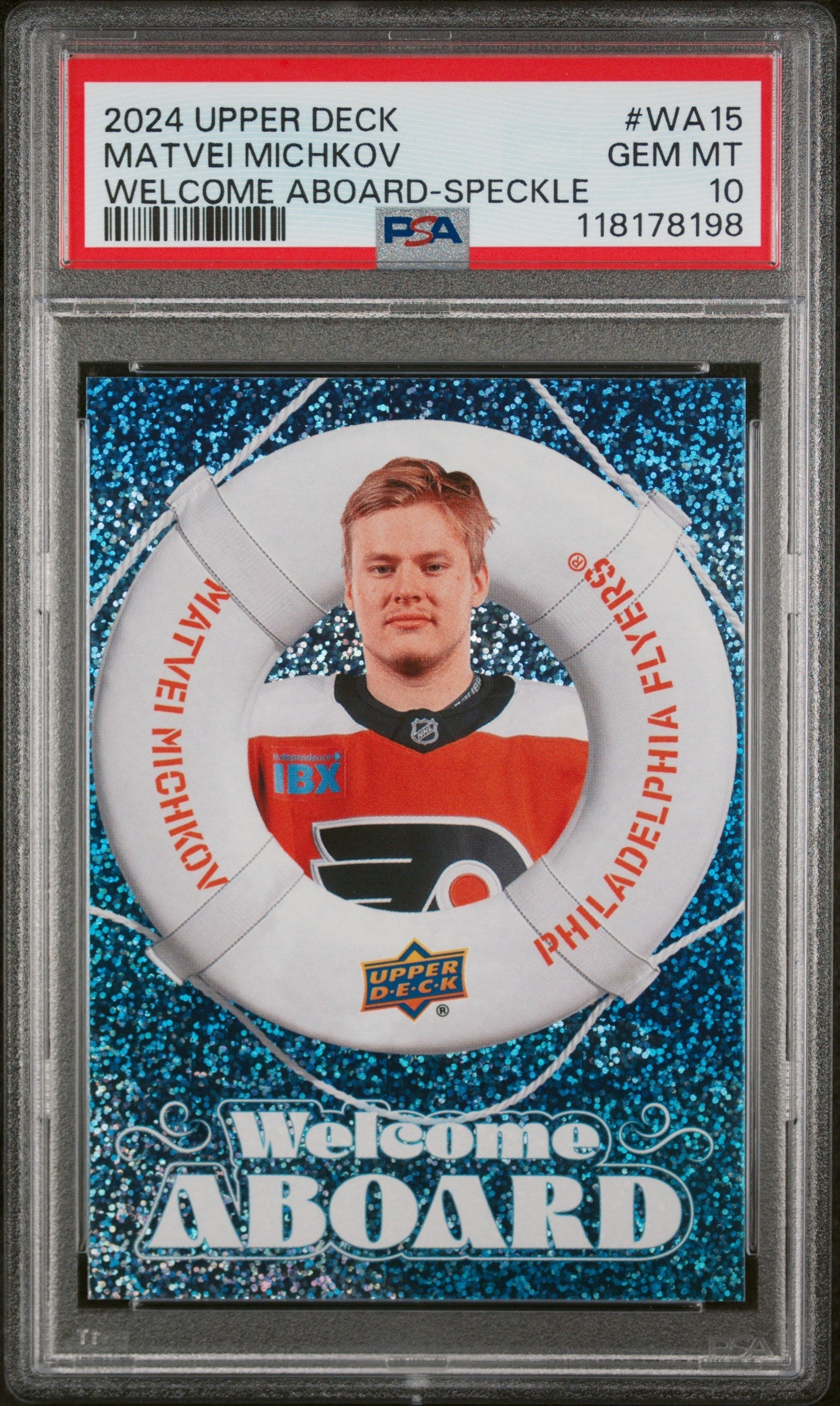 Graded 2024 Upper Deck Matvei Michkov #WA15 Welcome Aboard Speckle Rookie RC Hockey Card PSA 10 Gem Mint