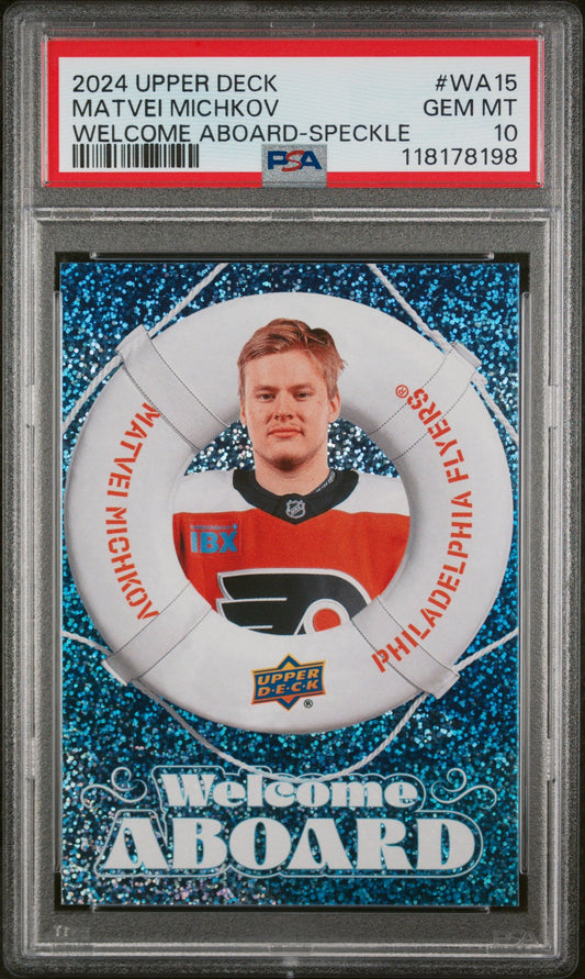 Graded 2024 Upper Deck Matvei Michkov #WA15 Welcome Aboard Speckle Rookie RC Hockey Card PSA 10 Gem Mint