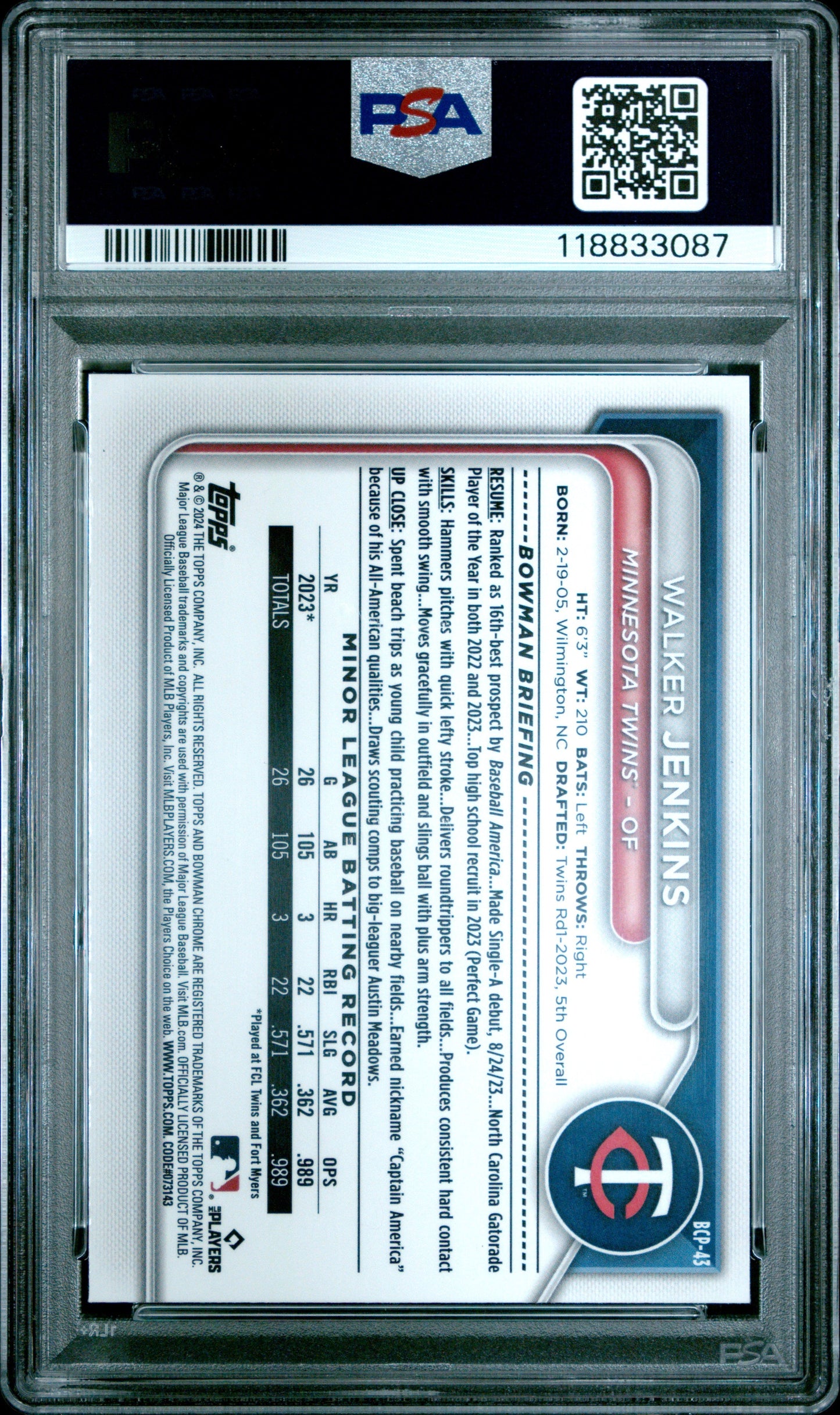 Graded 2024 Topps Bowman Sapphire Walker Jenkins #BCP43 Chrome Prospect Rookie RC Baseball Card PSA 10 Gem Mint