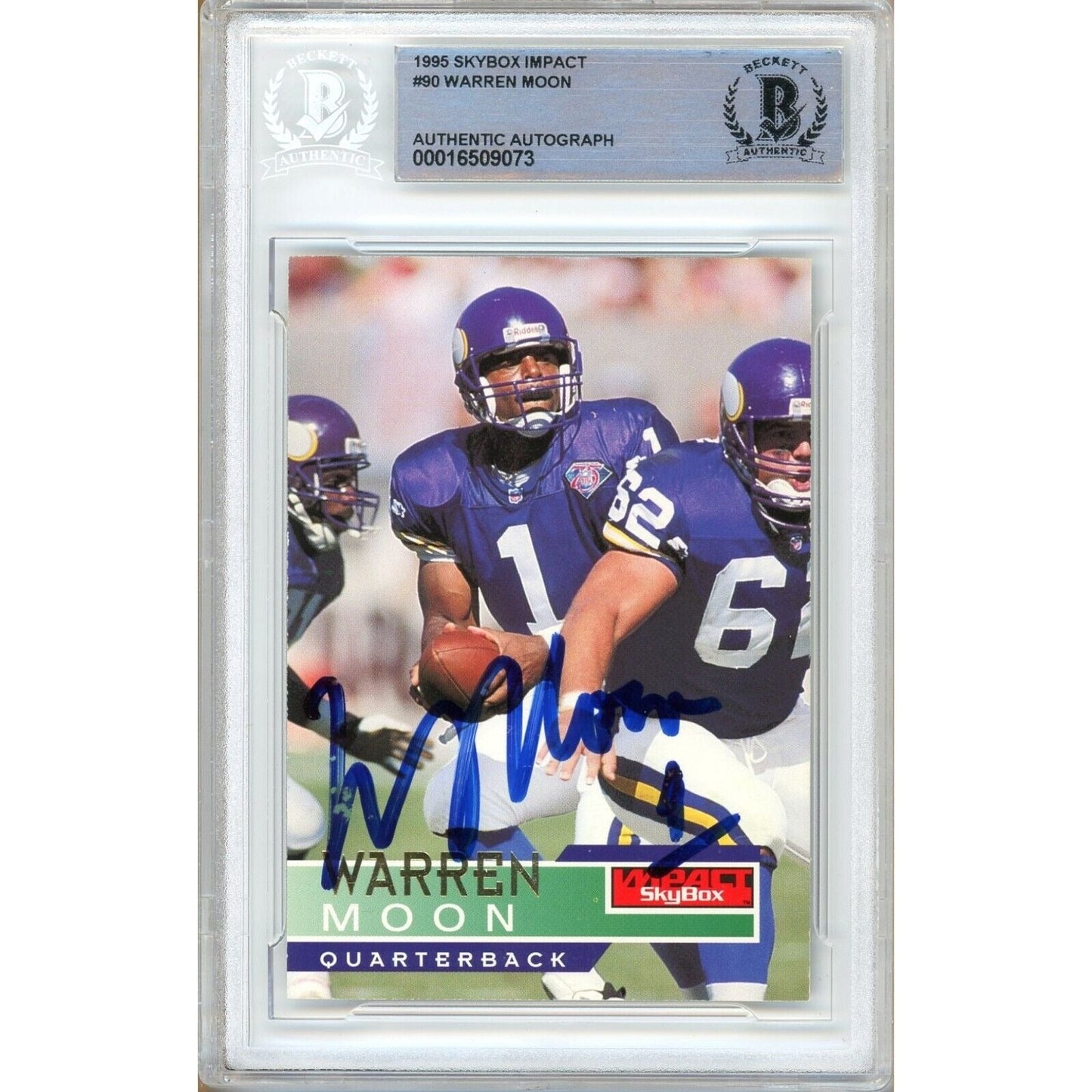 Warren Moon Minnesota Vikings Signed 1995 Skybox Impact Card Beckett Auth Auto Slab