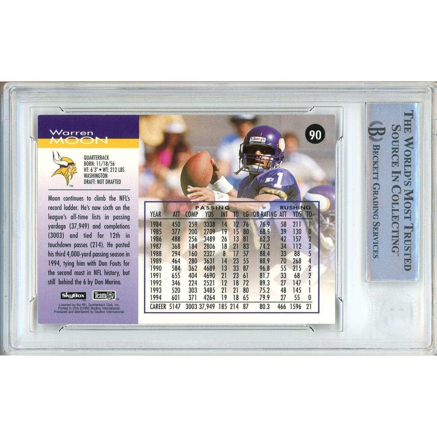 Warren Moon Minnesota Vikings Signed 1995 Skybox Impact Card Beckett Auth Auto Slab