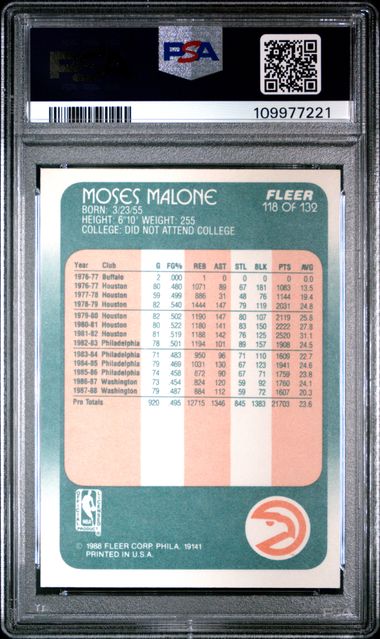 Graded 1988 Fleer Moses Malone #118 Basketball Card PSA 8 NM-MT - Sport Cards