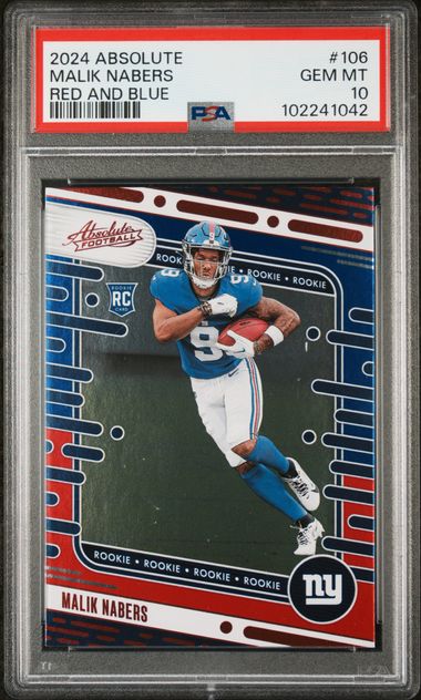 Graded 2024 Panini Absolute Malik Nabers #106 Red and Blue Rookie RC Football Card PSA 10 Gem Mint