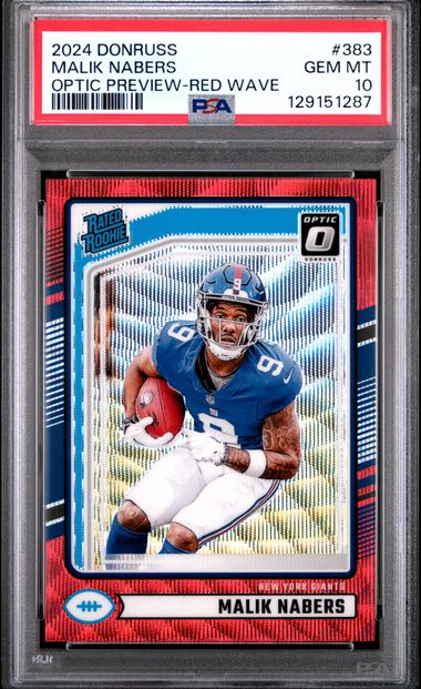 Graded 2024 Panini Donruss Malik Nabers #383 Optic Preview Red Wave Rookie RC Football Card PSA 10 Gem Mint - Sport Cards