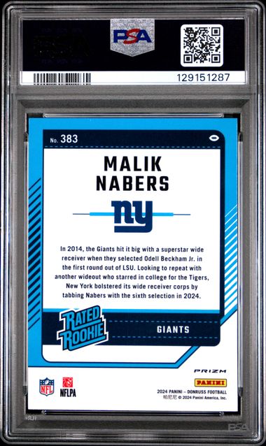 Graded 2024 Panini Donruss Malik Nabers #383 Optic Preview Red Wave Rookie RC Football Card PSA 10 Gem Mint - Sport Cards