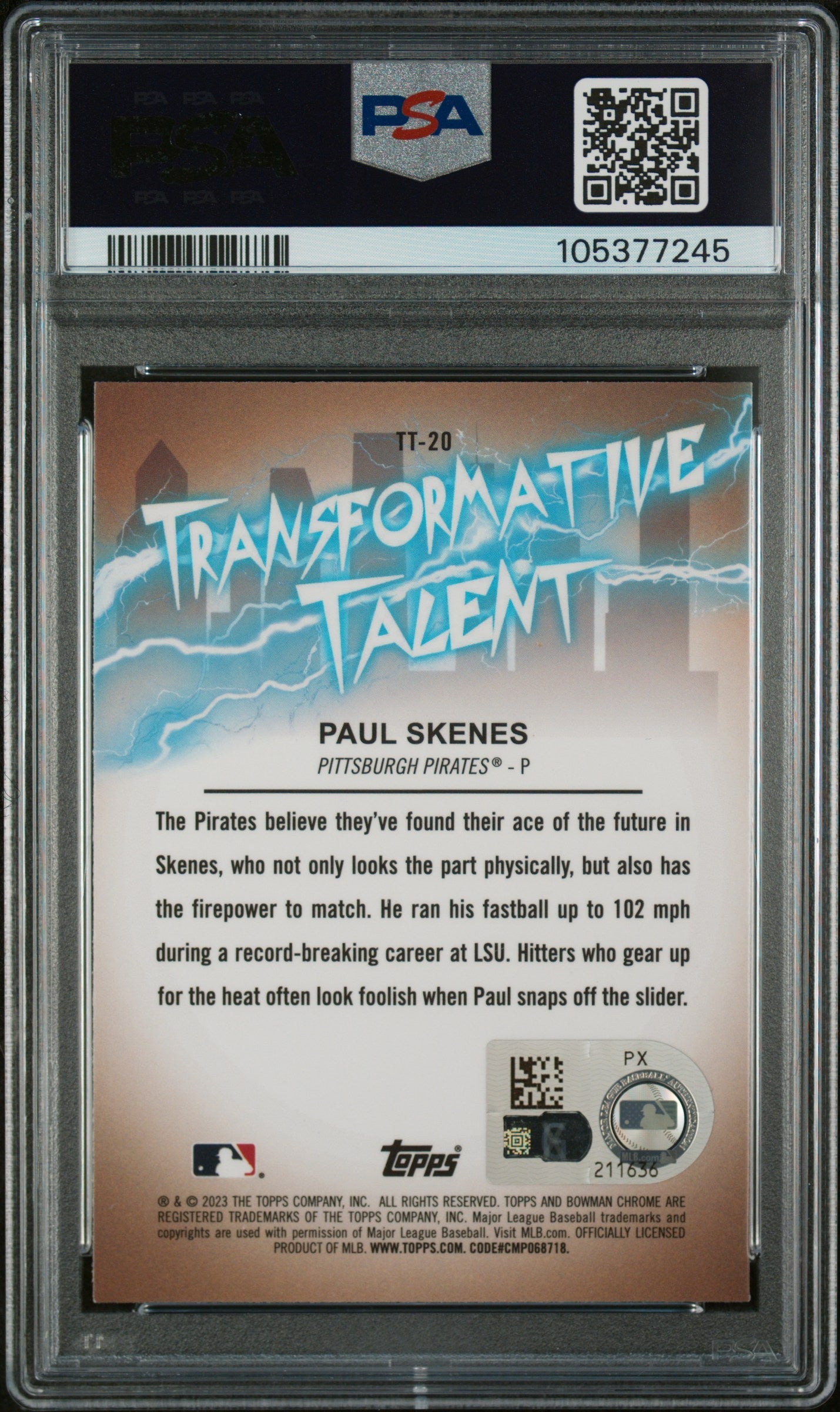 Graded 2023 Topps Bowman Draft Paul Skenes #TT20 Transformative Talent Rookie RC Baseball Card PSA Authentic Auto