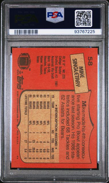 Graded 1987 Topps Mike Singletary #58 Football Card PSA 8 NM-MT