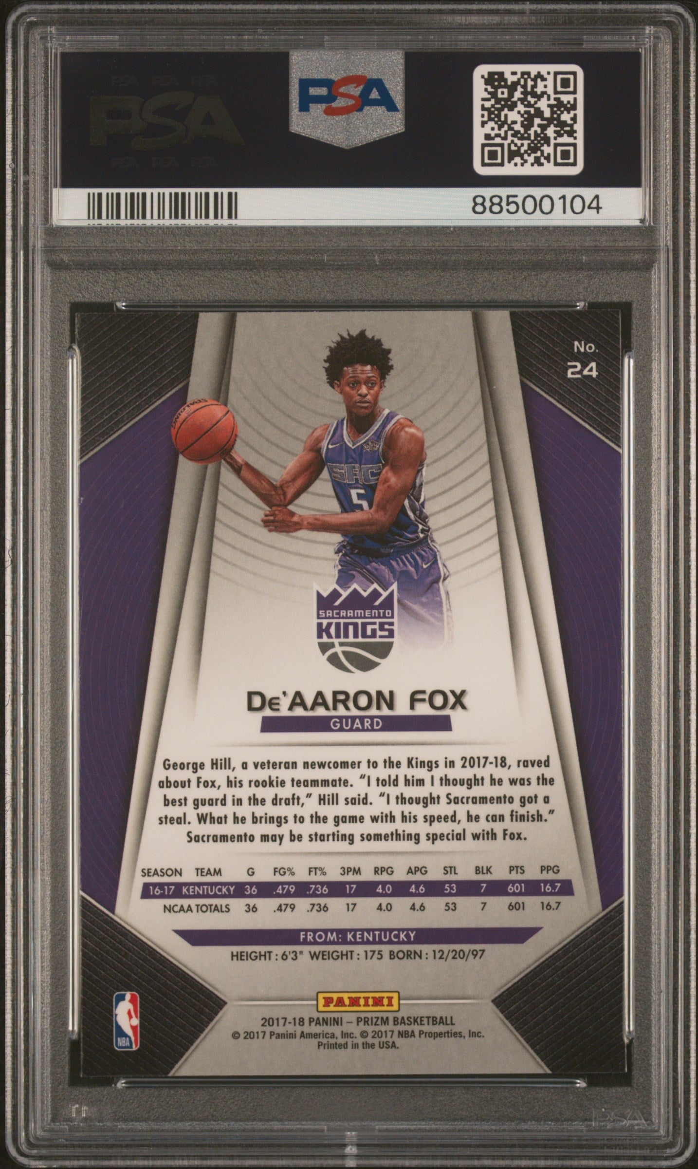 Graded 2017 Panini Prizm De'Aaron Fox #24 Rookie RC Basketball Card PSA 10 Gem Mint - Sport Cards