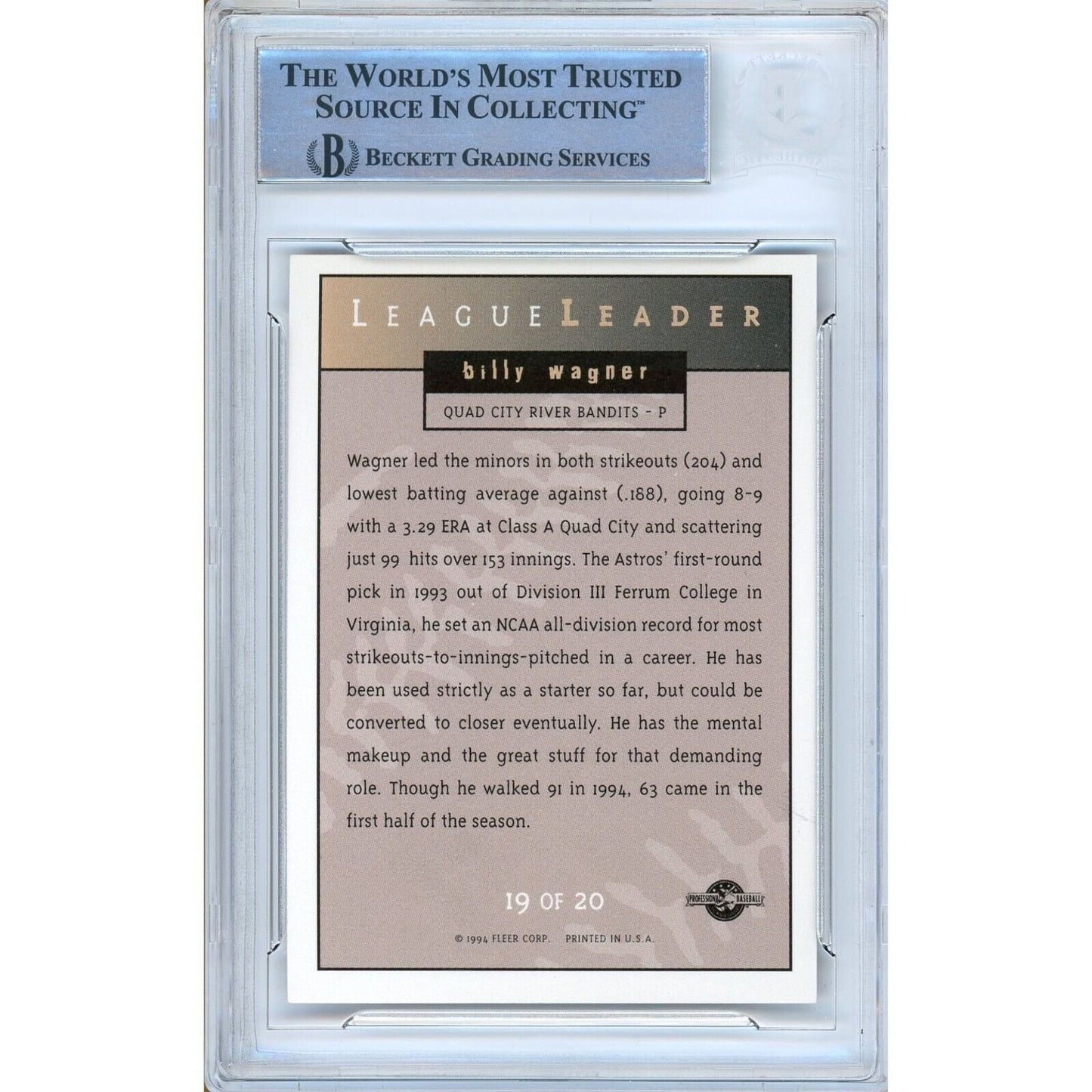 1994 Fleer Excel #19 — Billy Wagner Houston Astros Autographed Trading Card — Beckett Authentication