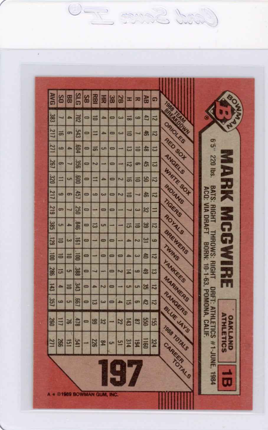 1989 Bowman #197 Mark McGwire Card