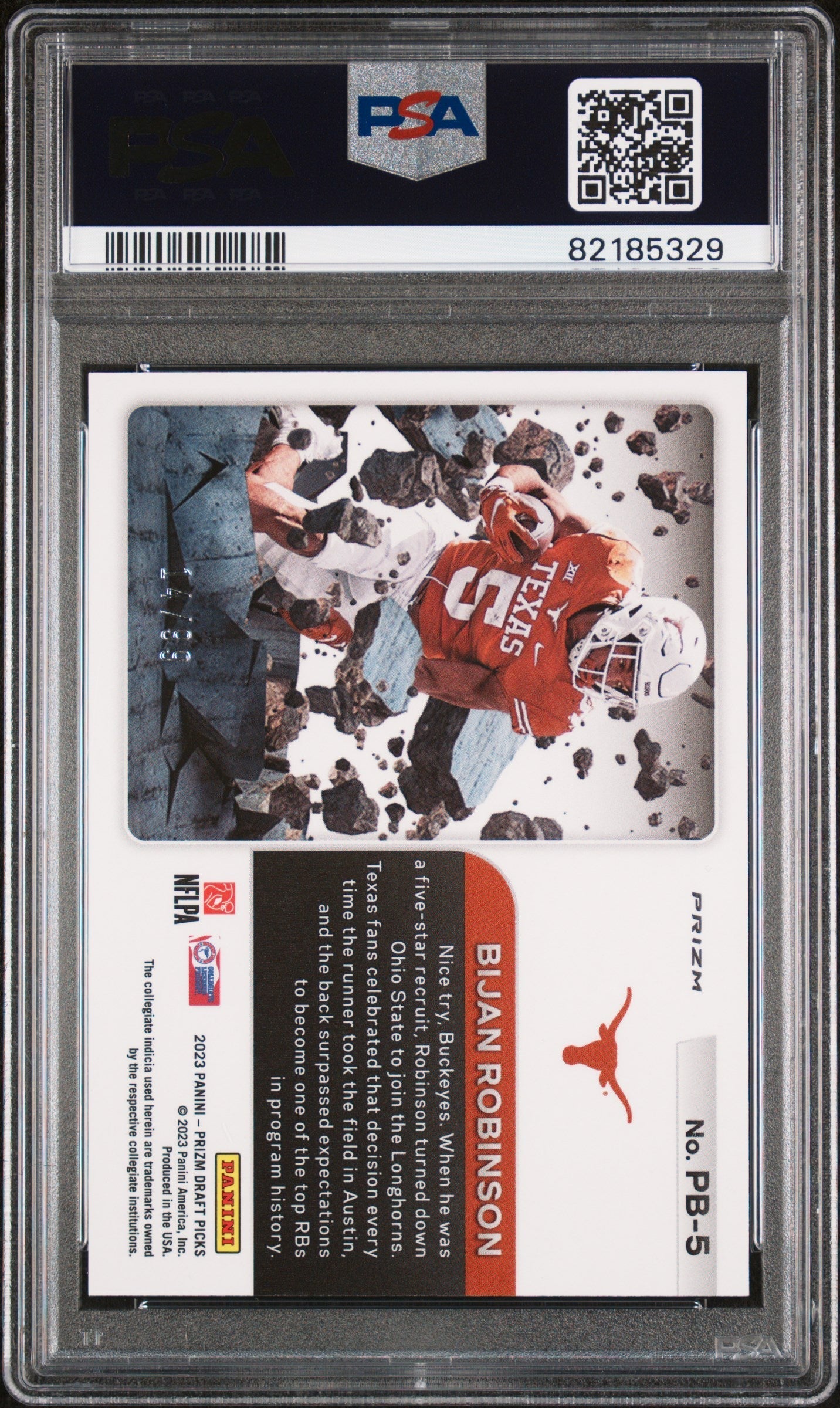 Graded 2023 Panini Prizm Draft Picks Bijan Robinson #PB5 Prizm Break Blue Ice #/99 Rookie RC Football Card PSA 10 Gem Mint