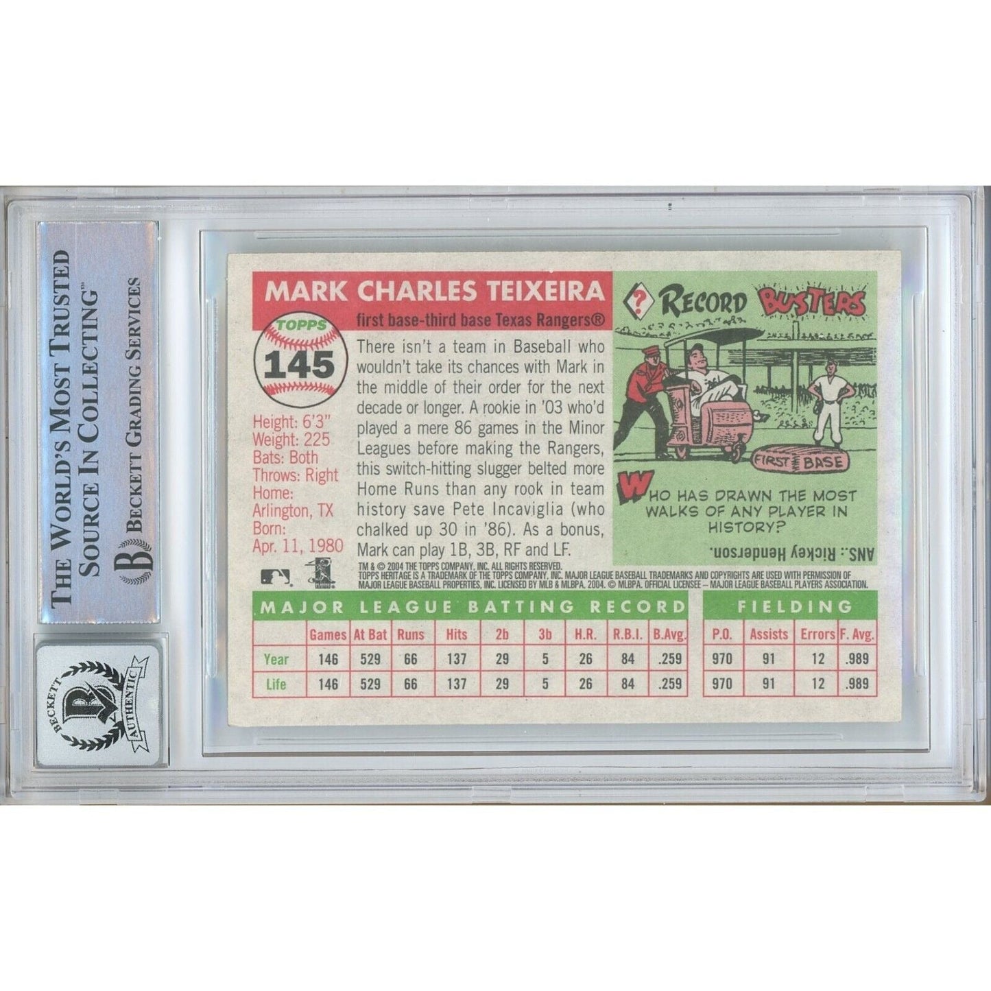 Mark Teixeira Texas Rangers Signed 2004 Topps Heritage Card BGS Auto 10 Graded Slab