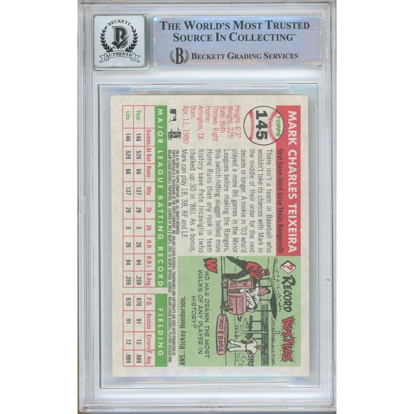 Mark Teixeira Texas Rangers Signed 2004 Topps Heritage Card BGS Auto 10 Graded Slab