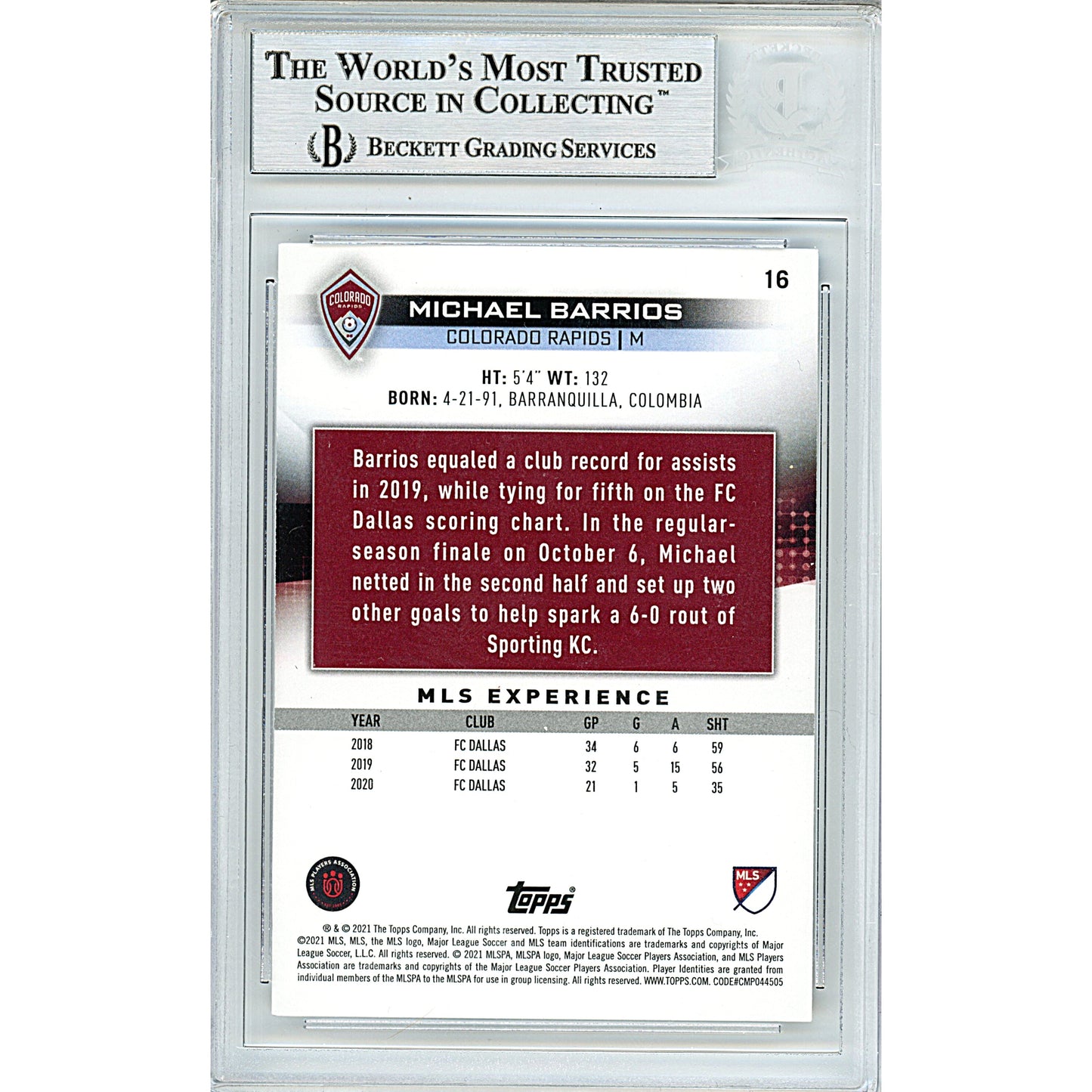 Michael Barrios Signed Colorado Rapids 2021 Topps MLS Soccer Card Beckett Auth Auto Slab