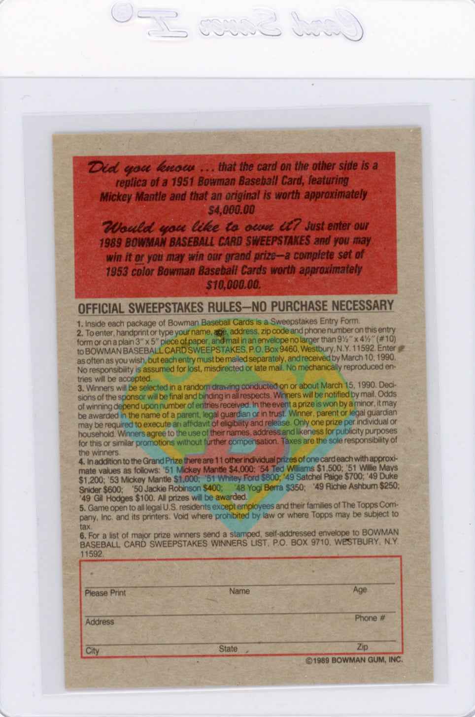 1989 Bowman Insert #5 1951 Mickey Mantle Card