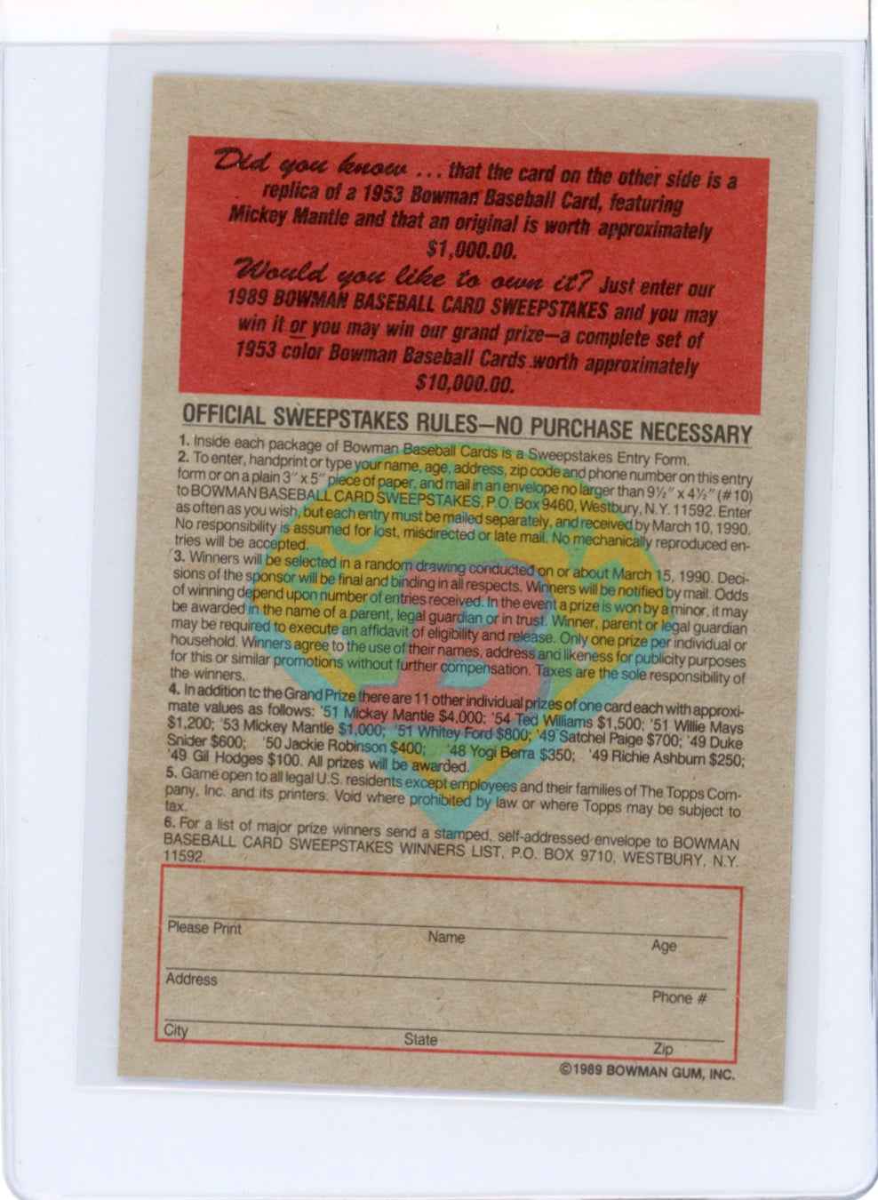 1989 Bowman Insert #6 1953 Mickey Mantle Card
