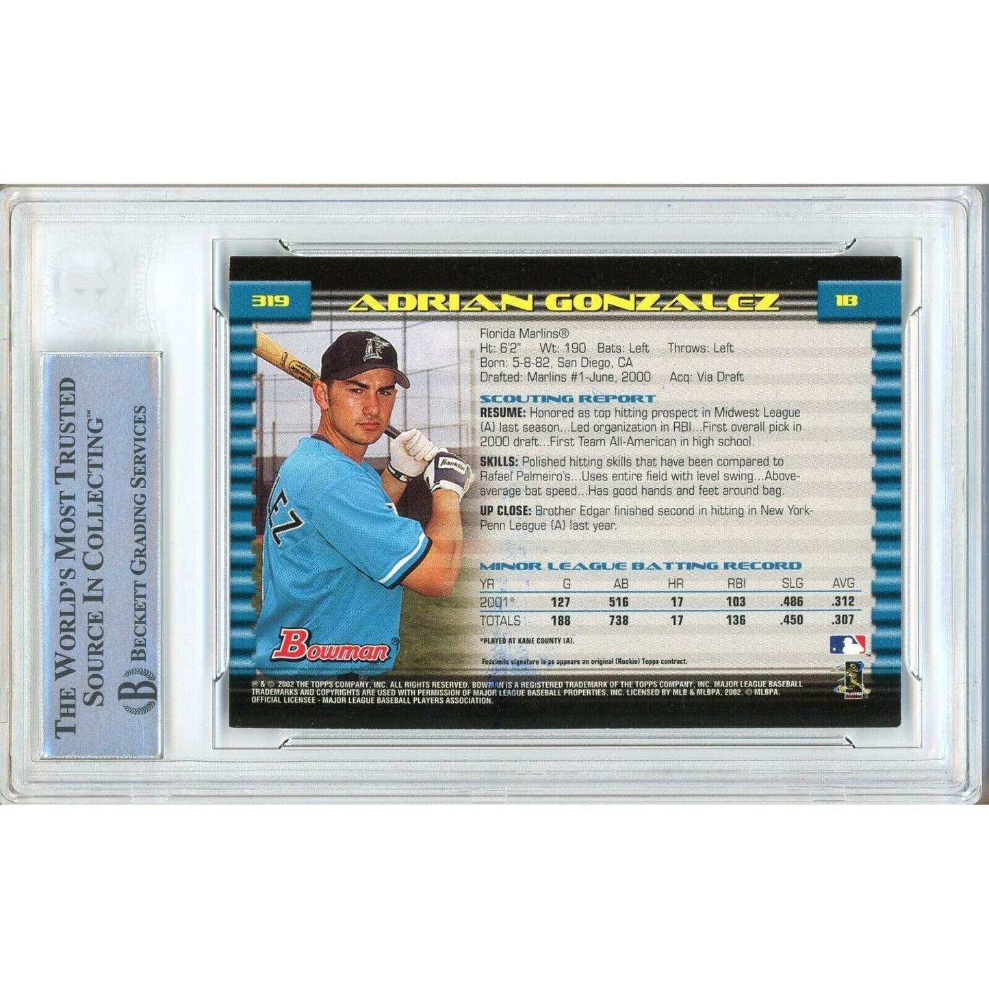 2002 Bowman #319 — Adrian Gonzalez Miami Marlins Autographed Trading Card — Beckett Authentication