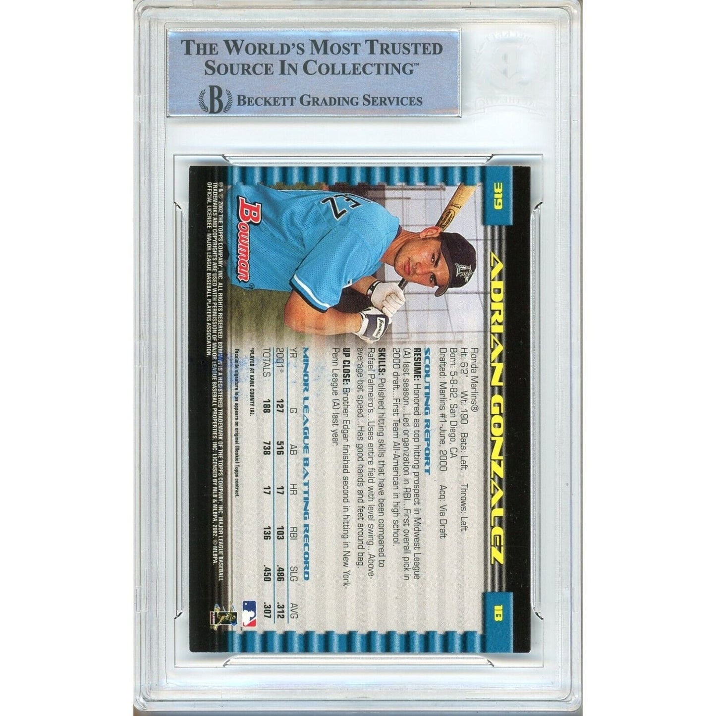2002 Bowman #319 — Adrian Gonzalez Miami Marlins Autographed Trading Card — Beckett Authentication