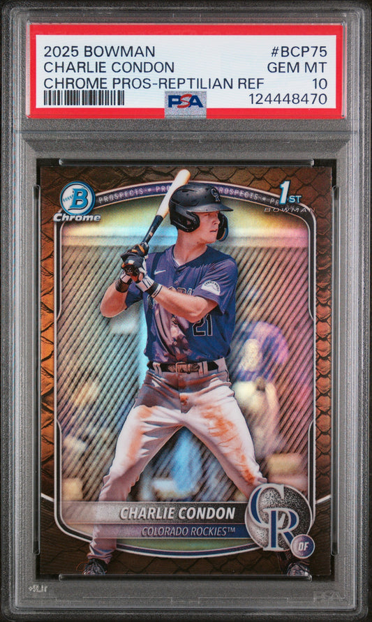 Graded 2025 Topps Bowman Charlie Condon #BCP75 Chrome Prospects Reptilian Refractor Rookie RC Baseball Card PSA 10 Gem Mint - Sport Cards