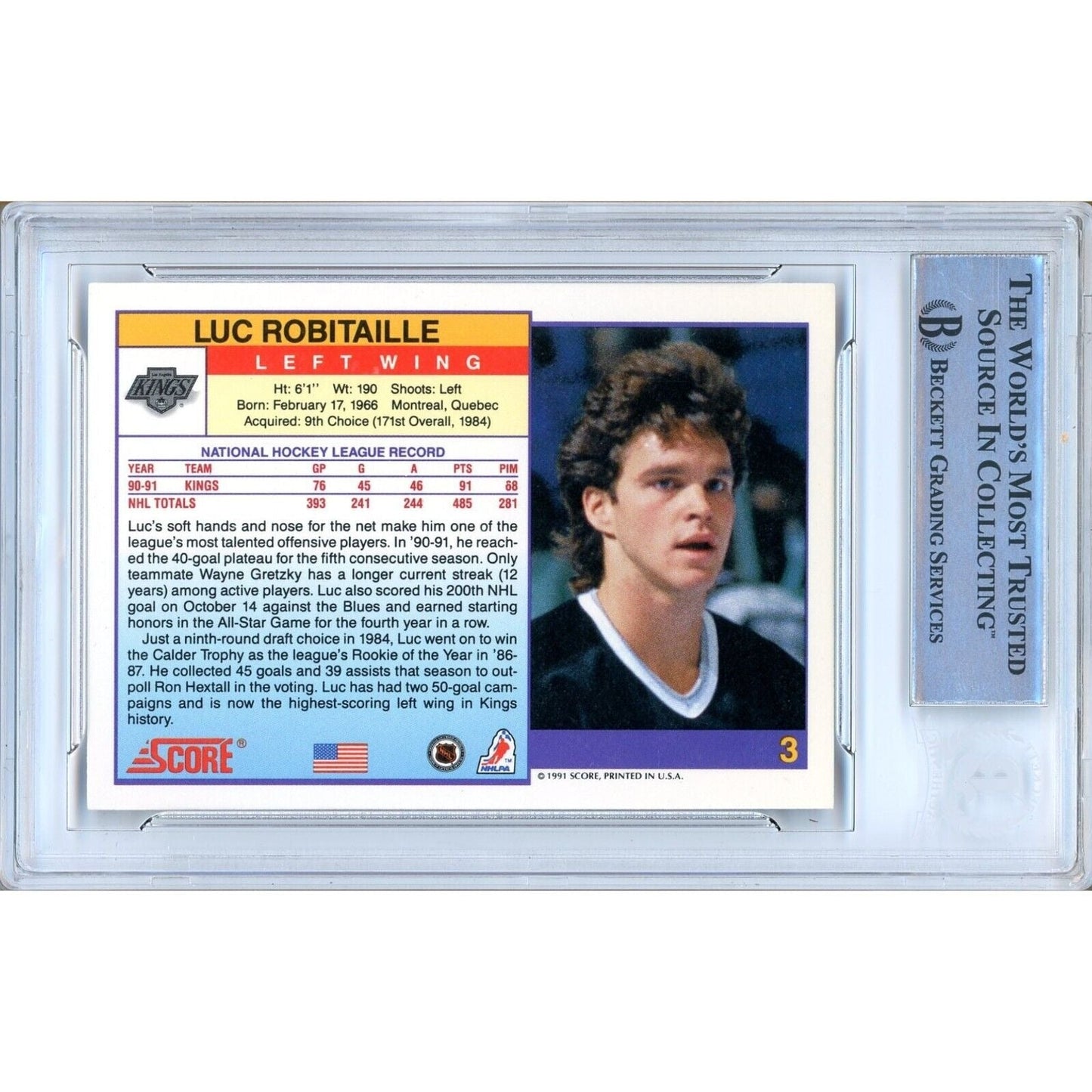 1991-92 Score American #3 — Luc Robitaille Los Angeles Kings Autographed Trading Card — Beckett Authentication