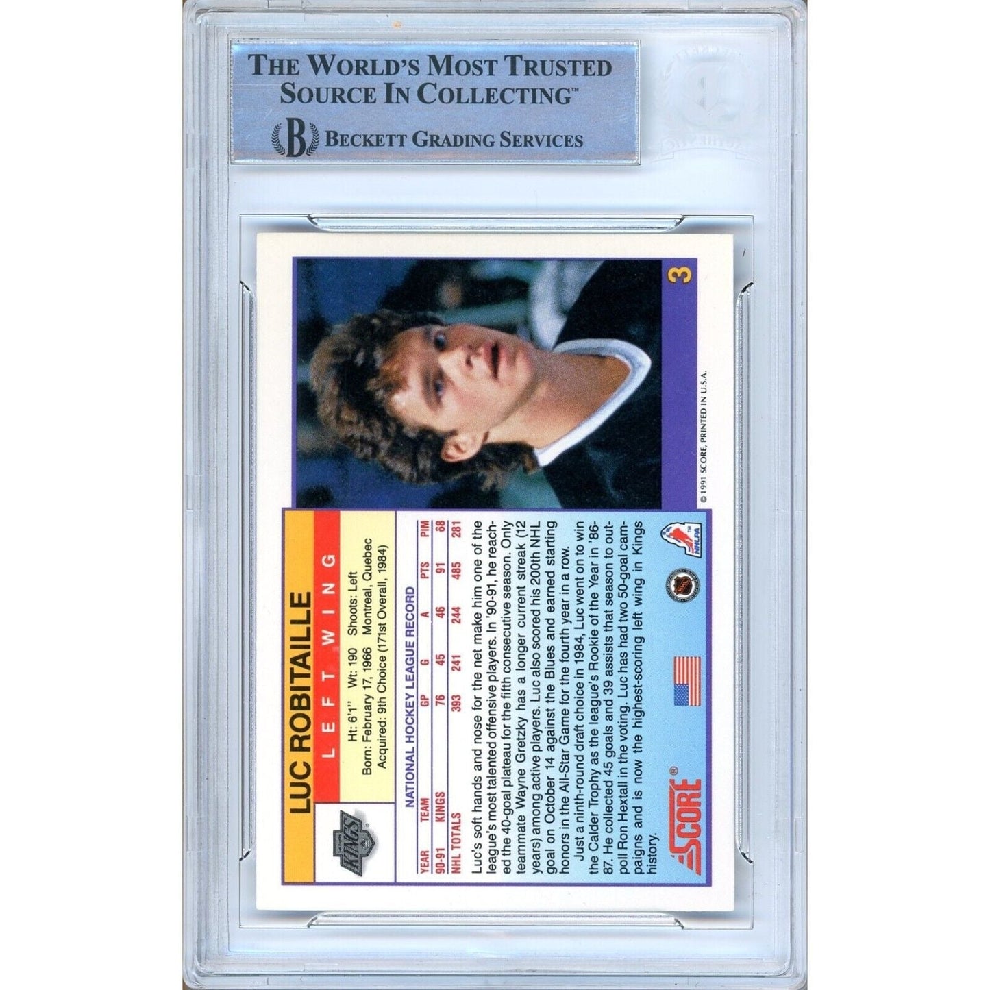 1991-92 Score American #3 — Luc Robitaille Los Angeles Kings Autographed Trading Card — Beckett Authentication