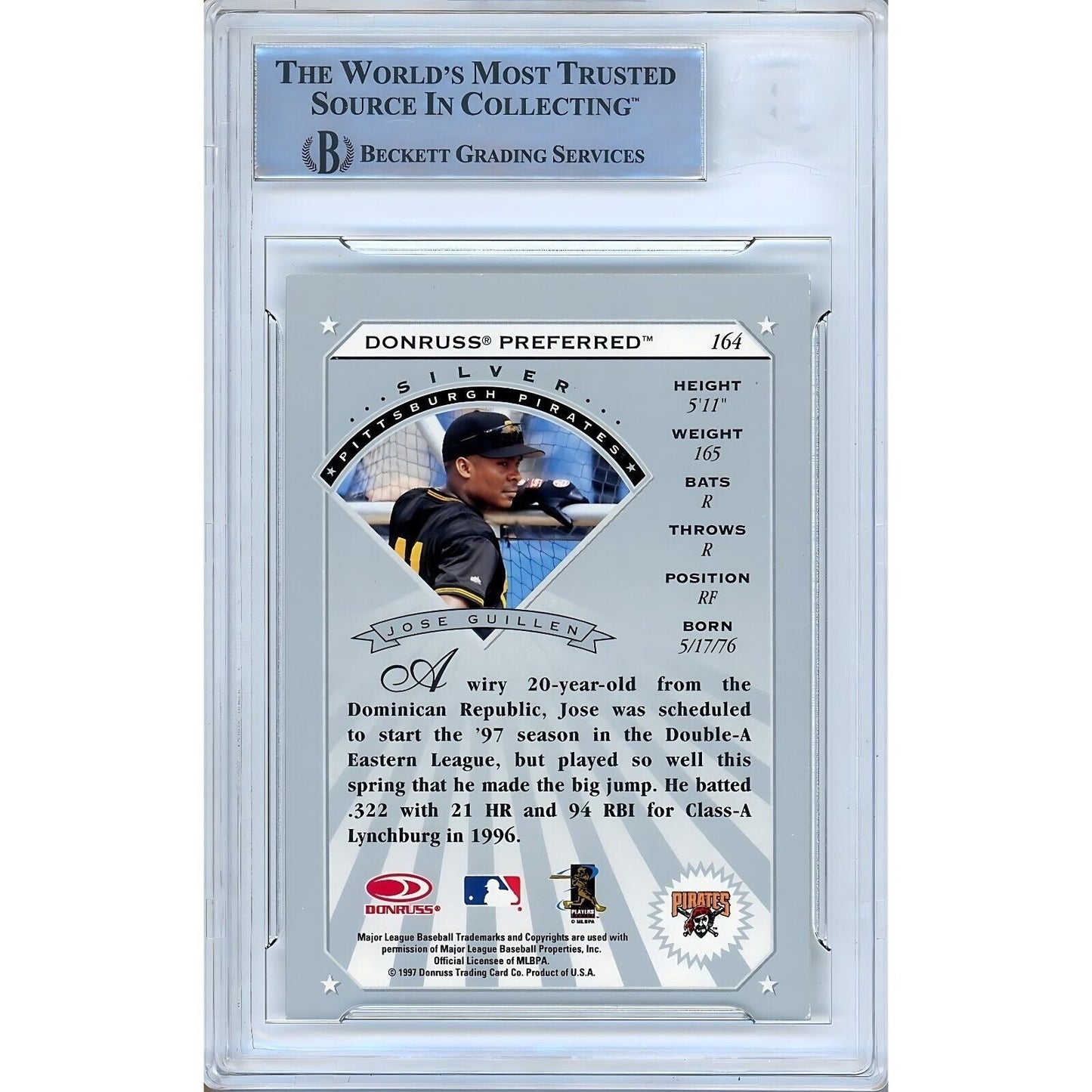 1997 Donruss Preferred #164— Jose Guillen Pittsburgh Pirates Autographed Trading Card — Beckett Authentication