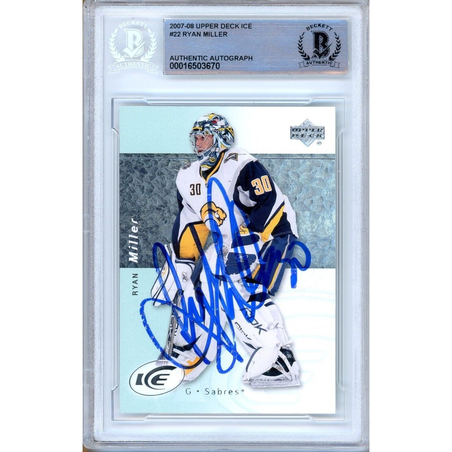 Ryan Miller Buffalo Sabres Signed 2007-08 Upper Deck Ice Card Beckett Authentic Auto Slab