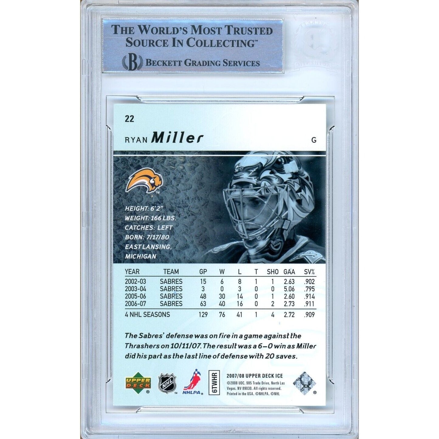 Ryan Miller Buffalo Sabres Signed 2007-08 Upper Deck Ice Card Beckett Authentic Auto Slab