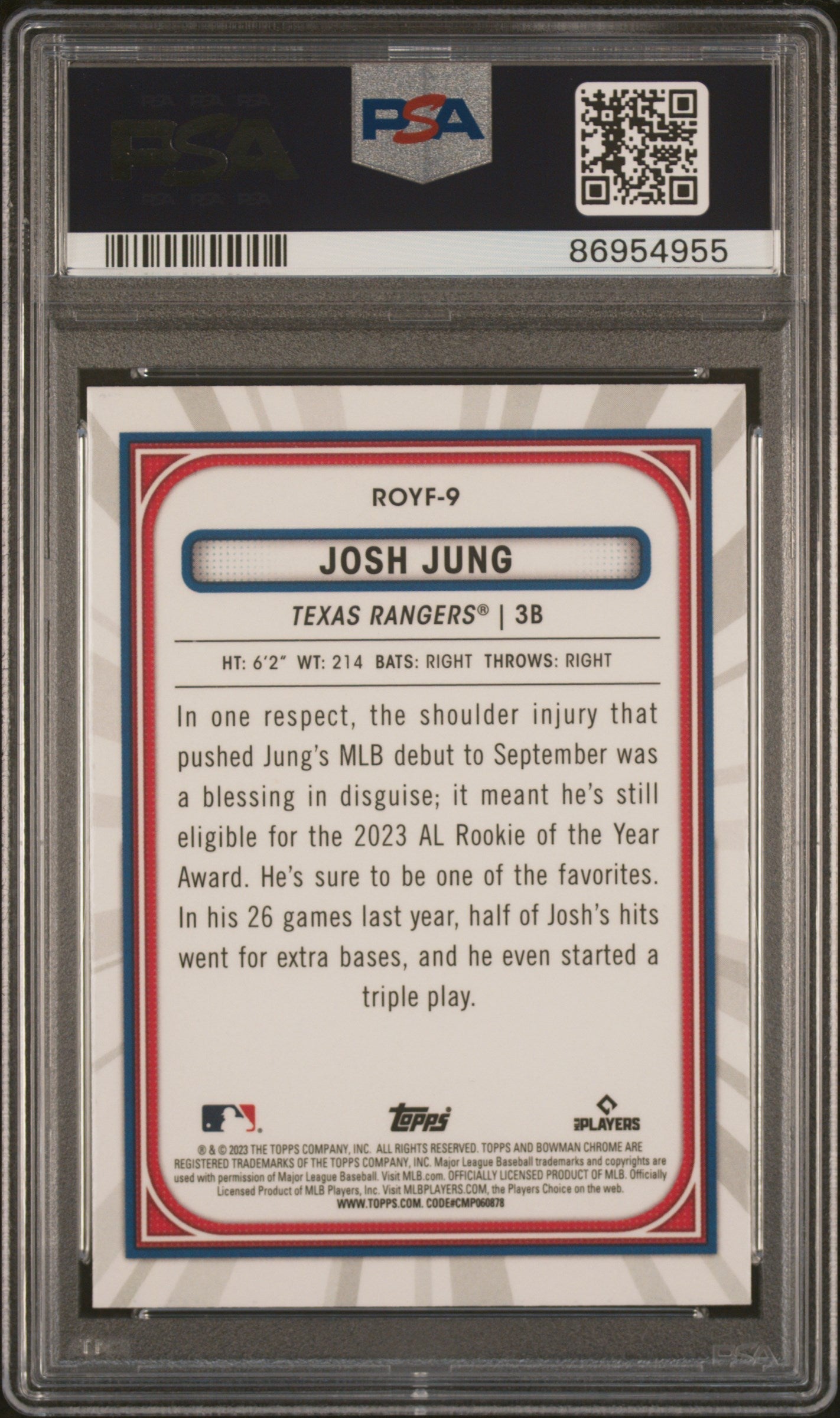Graded 2023 Topps Bowman M/B Josh Jung #9 Chrome ROY Favorites Rookie RC Baseball Card PSA 10 Gem Mint