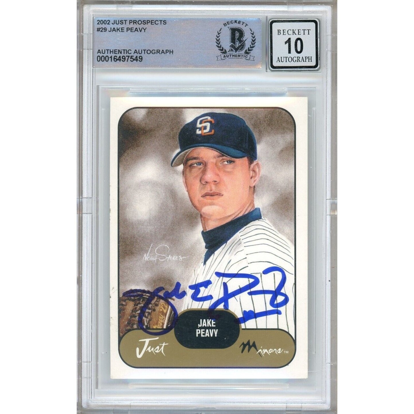 2002 Just Prospects #29 — Jake Peavy Padres Autographed Trading Card — Beckett Authentication Auto-10 Grade
