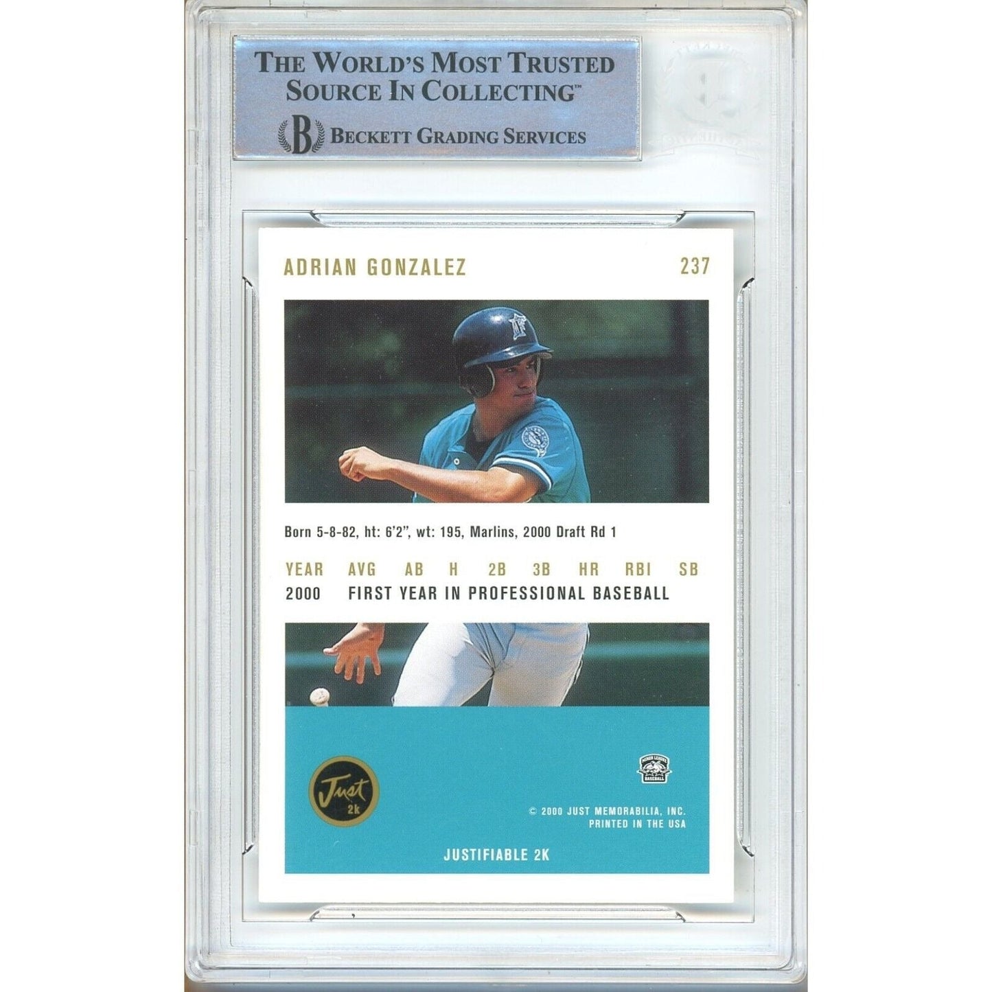 2000 Just Minors #237 — Adrian Gonzalez Marlins Autographed Trading Card — Beckett Authentication