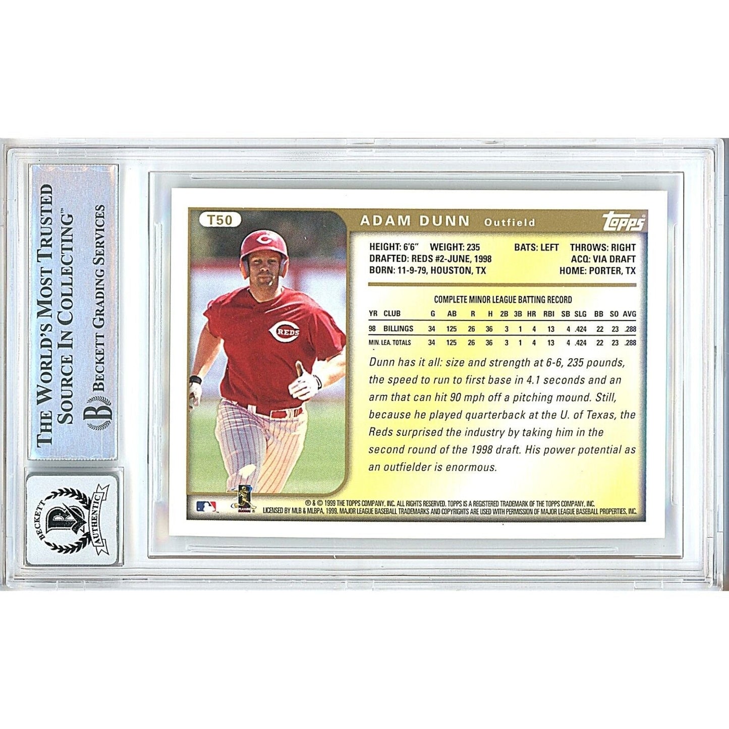 1999 Topps Traded #T50 — Adam Dunn Cincinnati Reds Autographed Trading Card — Beckett Authentication