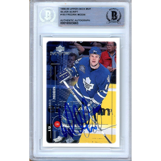 1998-99 Upper Deck MVP #193 — Fredrik Modin Toronto Maple Leafs Autographed Trading Card — Beckett Authentication