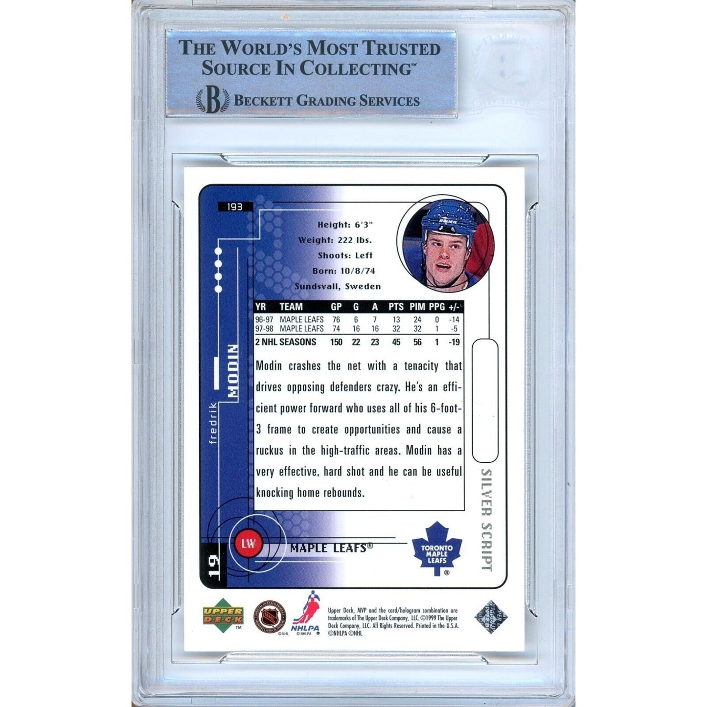 1998-99 Upper Deck MVP #193 — Fredrik Modin Toronto Maple Leafs Autographed Trading Card — Beckett Authentication