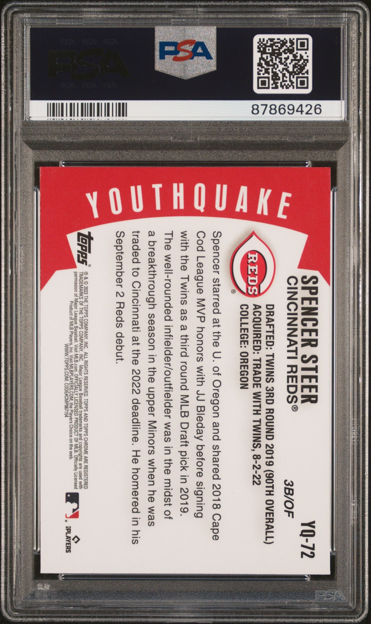 Graded 2023 Topps Chrome Spencer Steer #YQ72 Youthquake Rookie RC Baseball Card PSA 10 Gem Mint