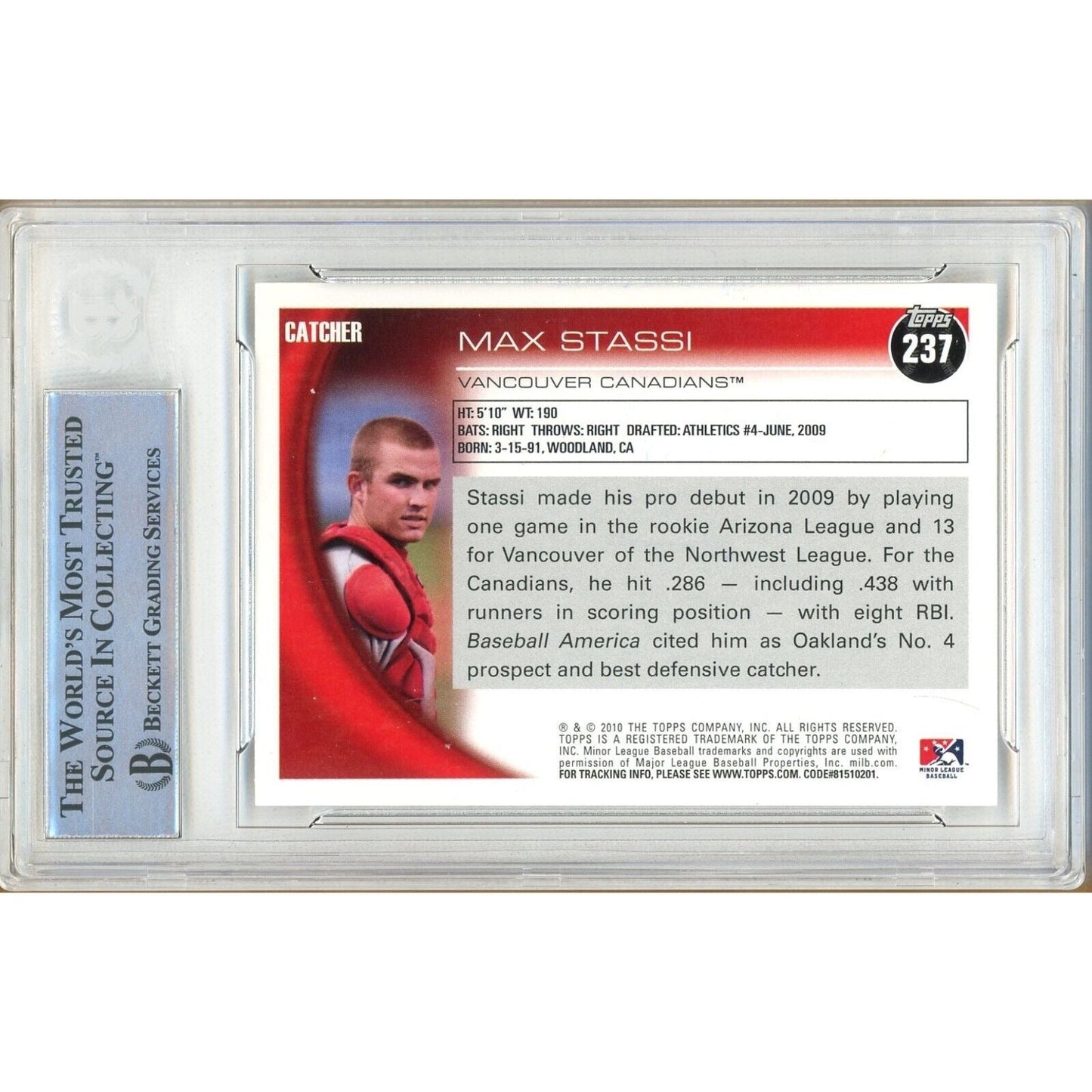 Max Stassi Houston Astros Signed 2010 Topps Pro Debut Baseball Card BAS Auth Auto Slab