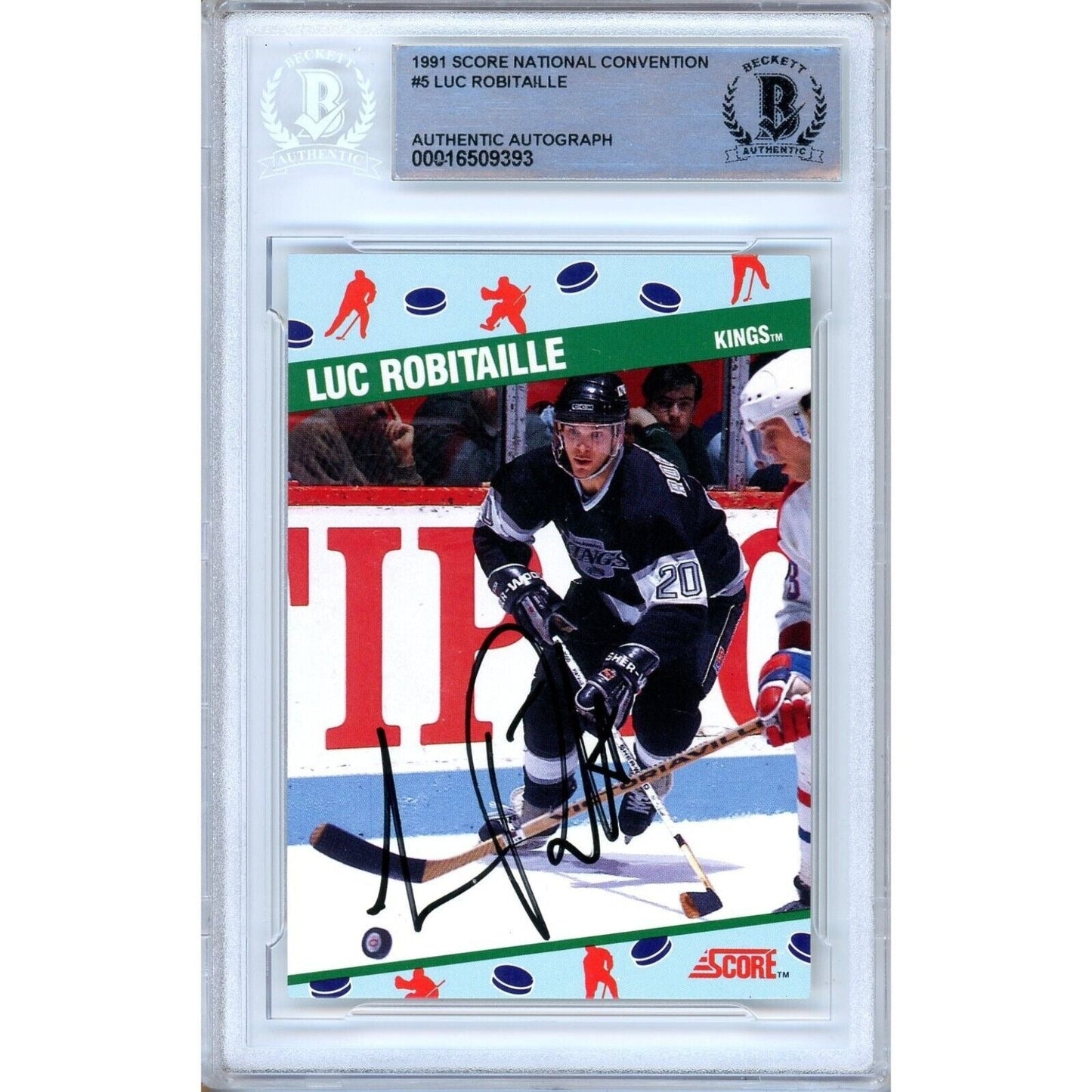 1991-92 Score Natl Conv #5 — Luc Robitaille Los Angeles Kings Autographed Trading Card — Beckett Authentication