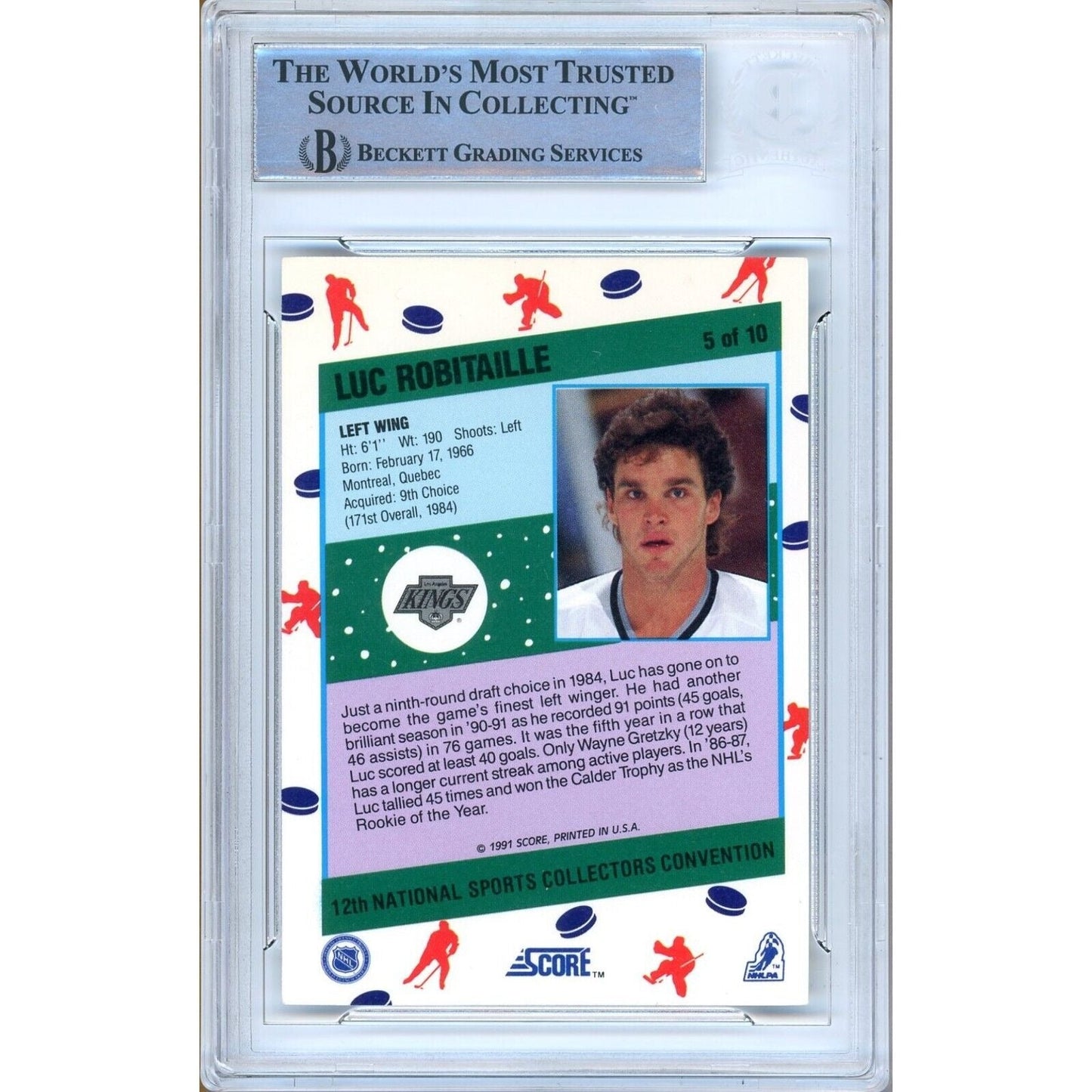 1991-92 Score Natl Conv #5 — Luc Robitaille Los Angeles Kings Autographed Trading Card — Beckett Authentication