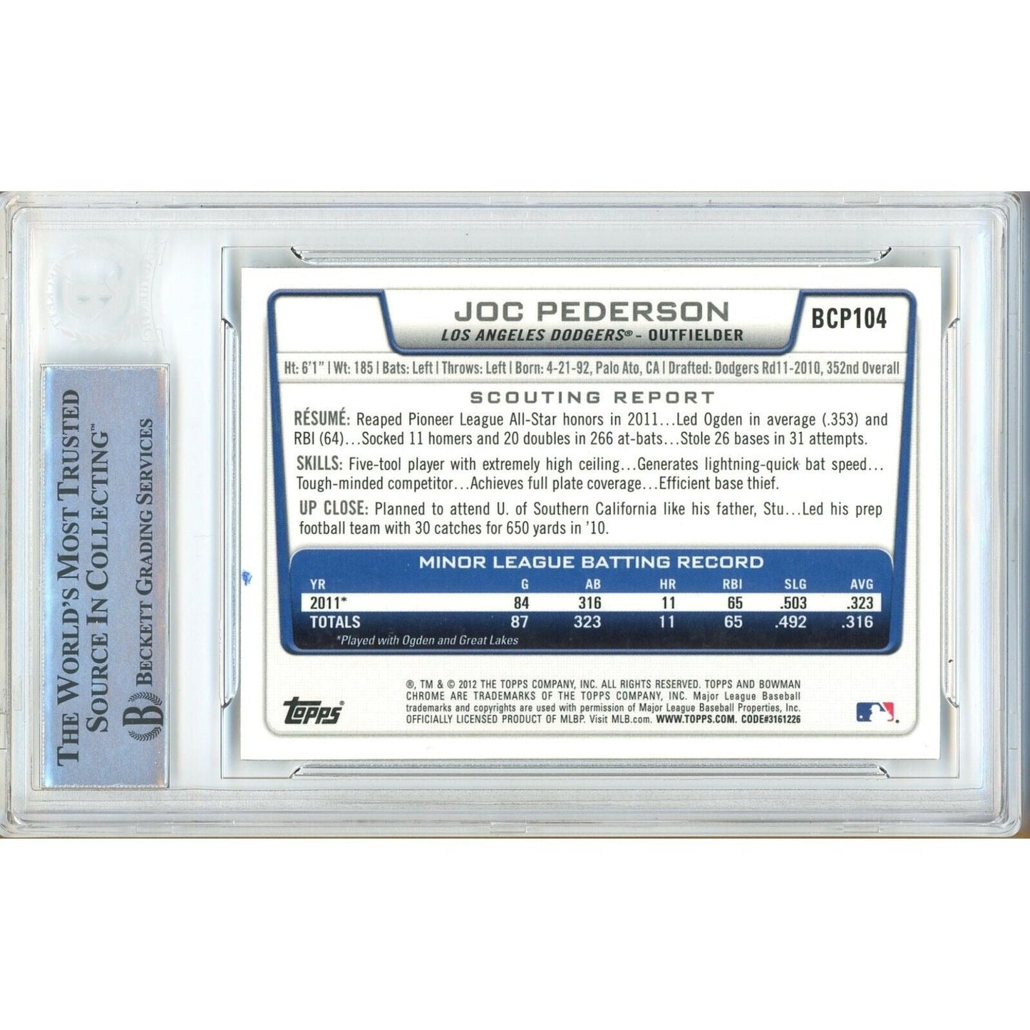2012 Bowman — Joc Pederson LA Dodgers Autographed Trading Card — Beckett Authentication