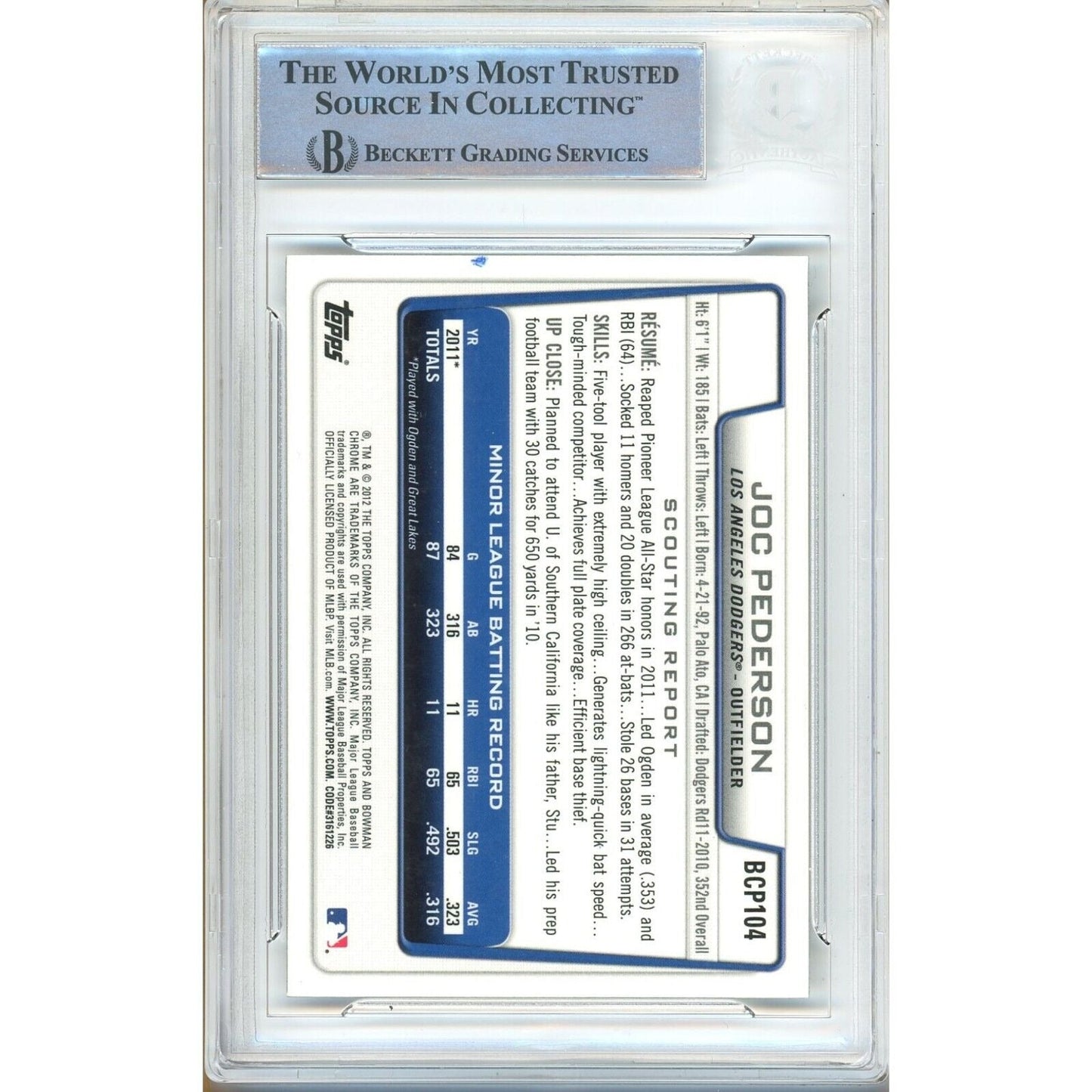 2012 Bowman — Joc Pederson LA Dodgers Autographed Trading Card — Beckett Authentication