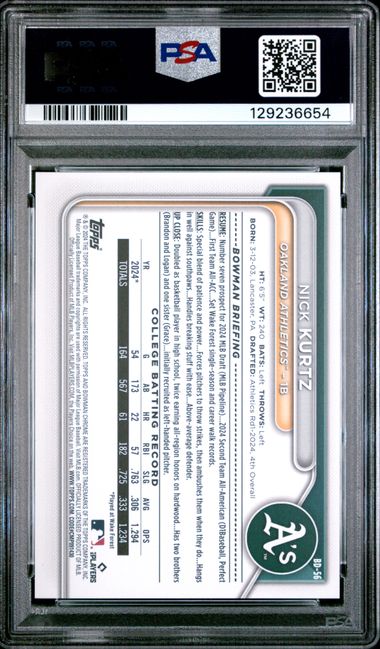 Graded 2024 Topps Bowman Draft Nick Kurtz #BD56 Rookie RC Baseball Card PSA 10 Gem Mint