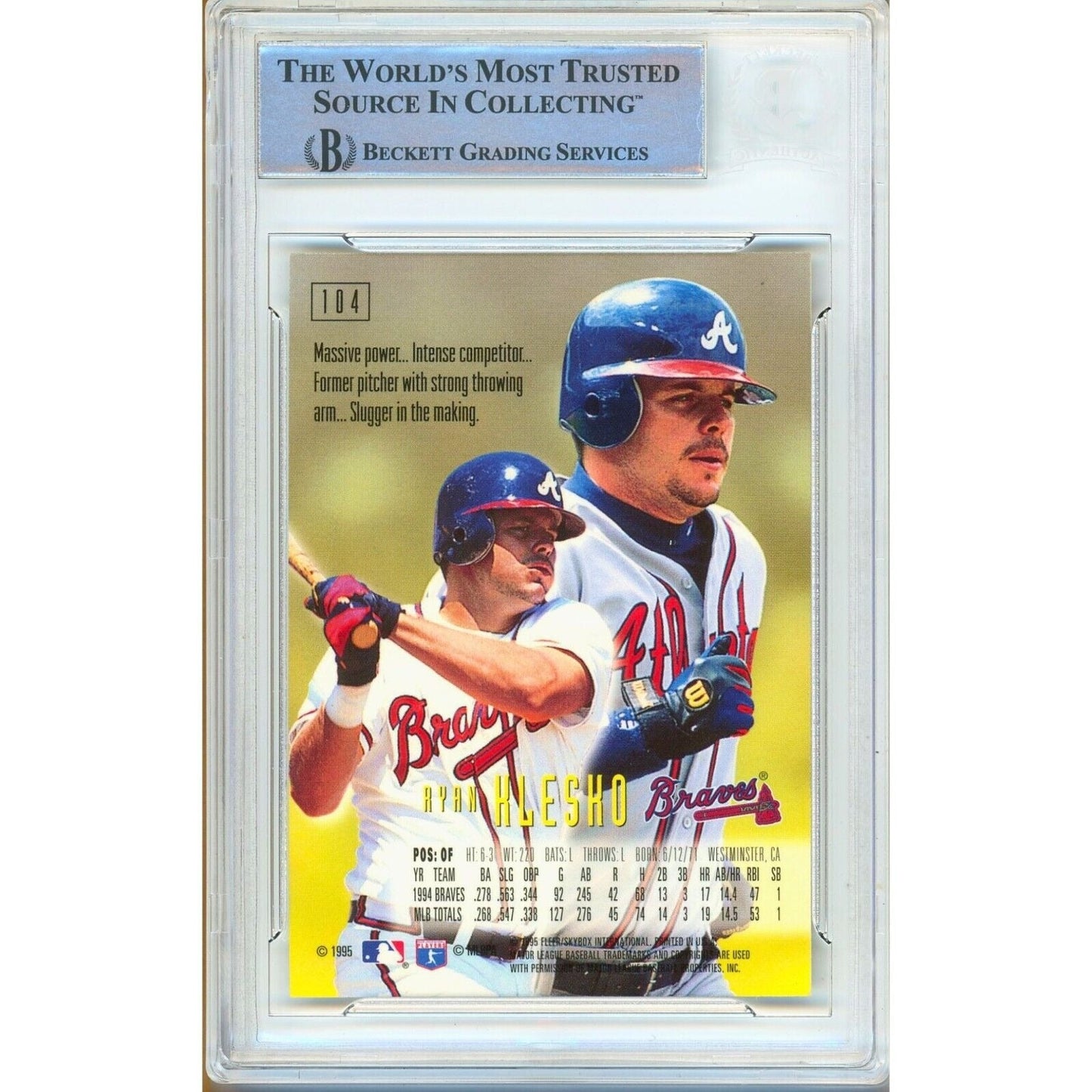 Ryan Klesko Atlanta Braves Signed 1995 Skybox Emotion Card Beckett Authentic Auto Slab
