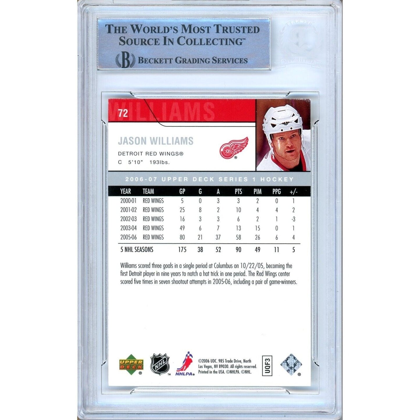 2006-07 Upper Deck # 72 — Jason Williams Detroit Red Wings Autographed Trading Card Beckett Authentication
